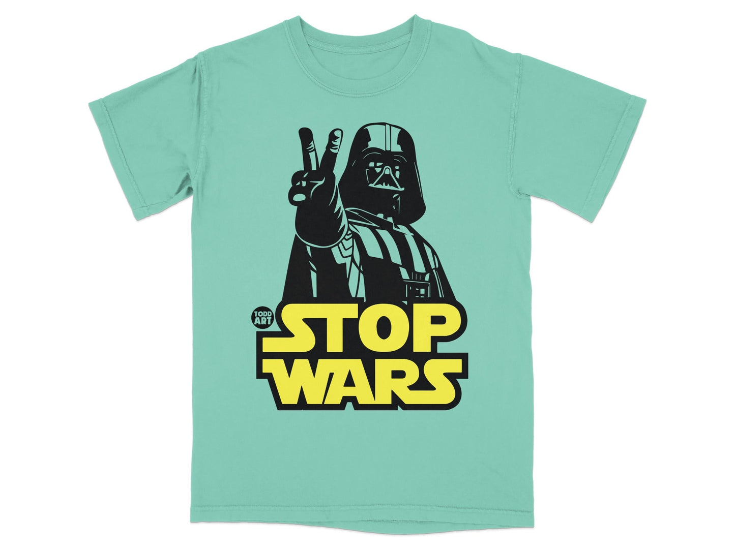 Darth Vader gives peace sign on teal t-shirt with "Stop Wars" text.