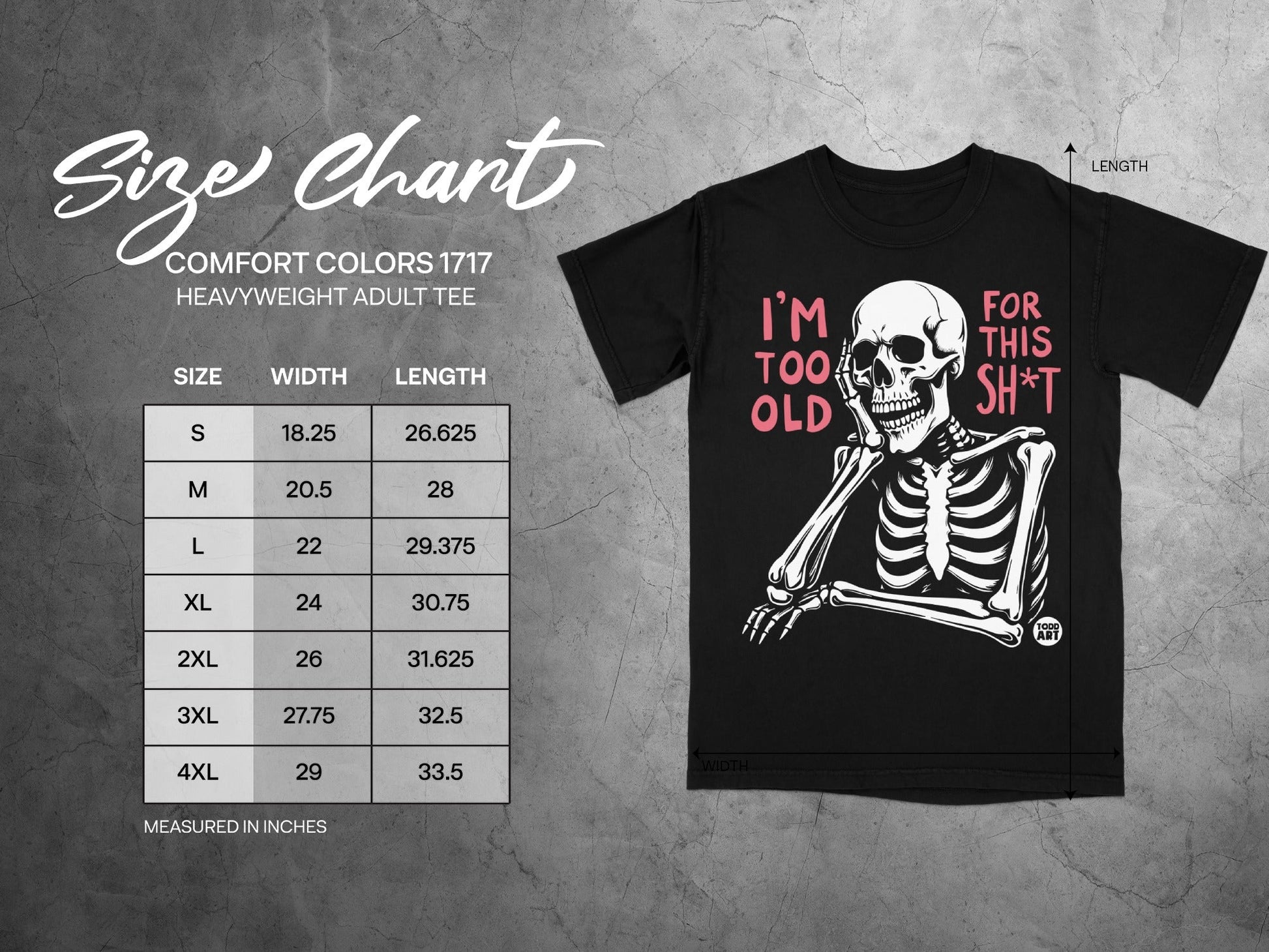 Comfort Colors 1717 size chart for heavyweight adult tee with skeleton graphic.