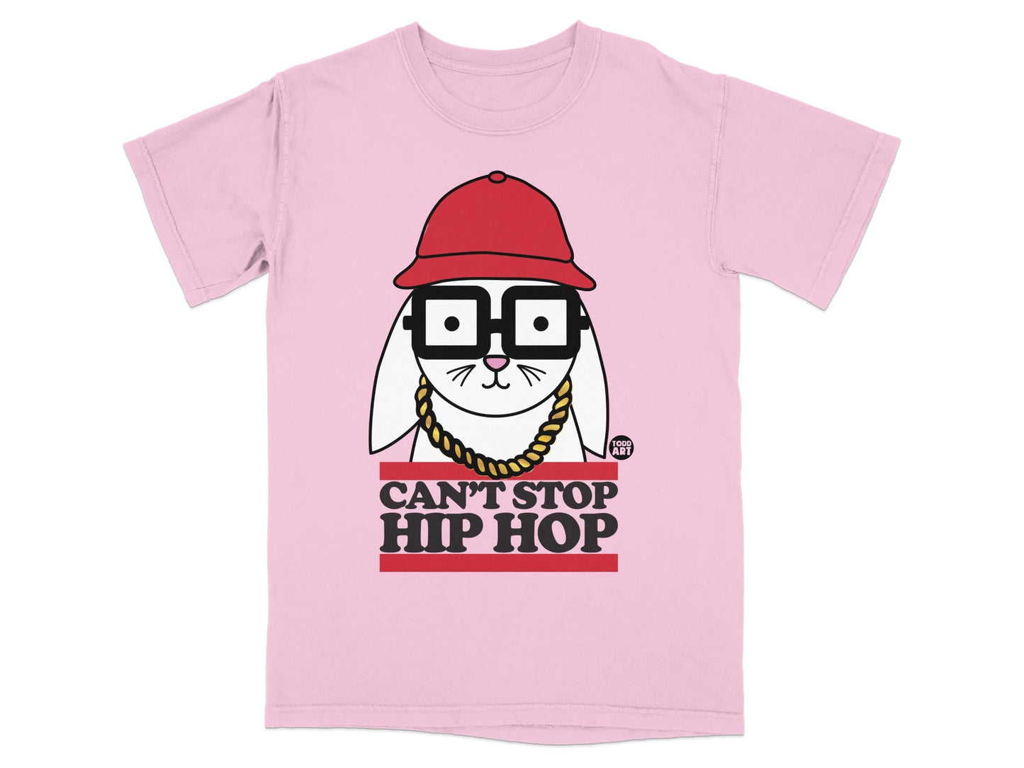 Pink t-shirt with a cartoon rabbit wearing a hat, glasses, and necklace.