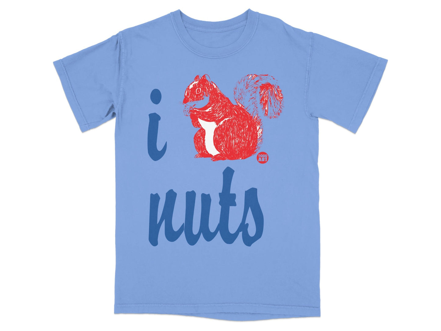Light blue t-shirt with red squirrel and "i nuts" text.
