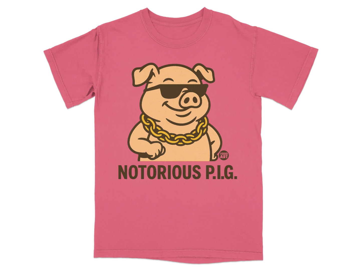 Pink t-shirt with a cartoon pig wearing sunglasses and a gold chain, saying NOTORIOUS P.I.G.