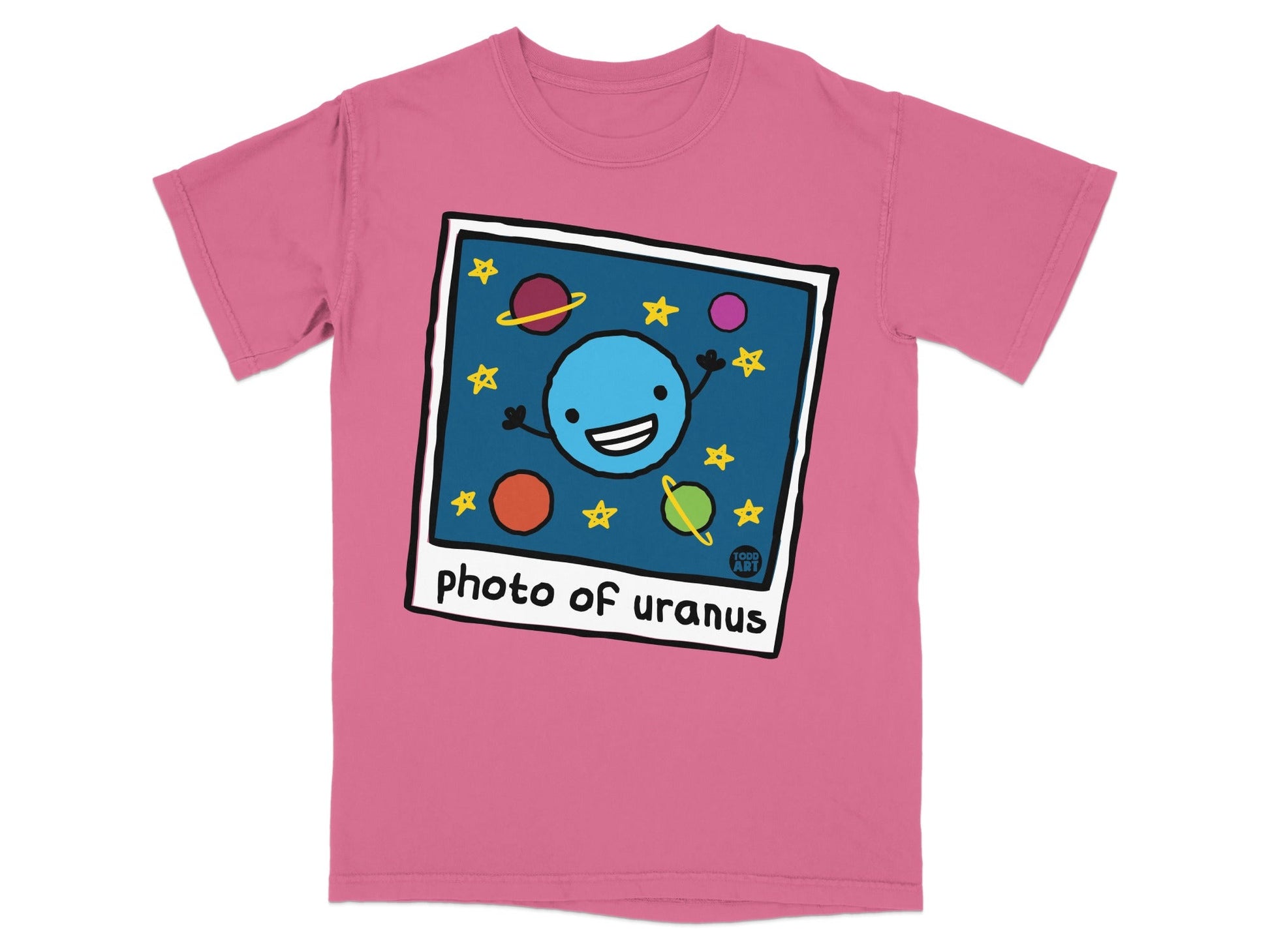 Pink t-shirt with cartoon planet and stars saying "photo of uranus".