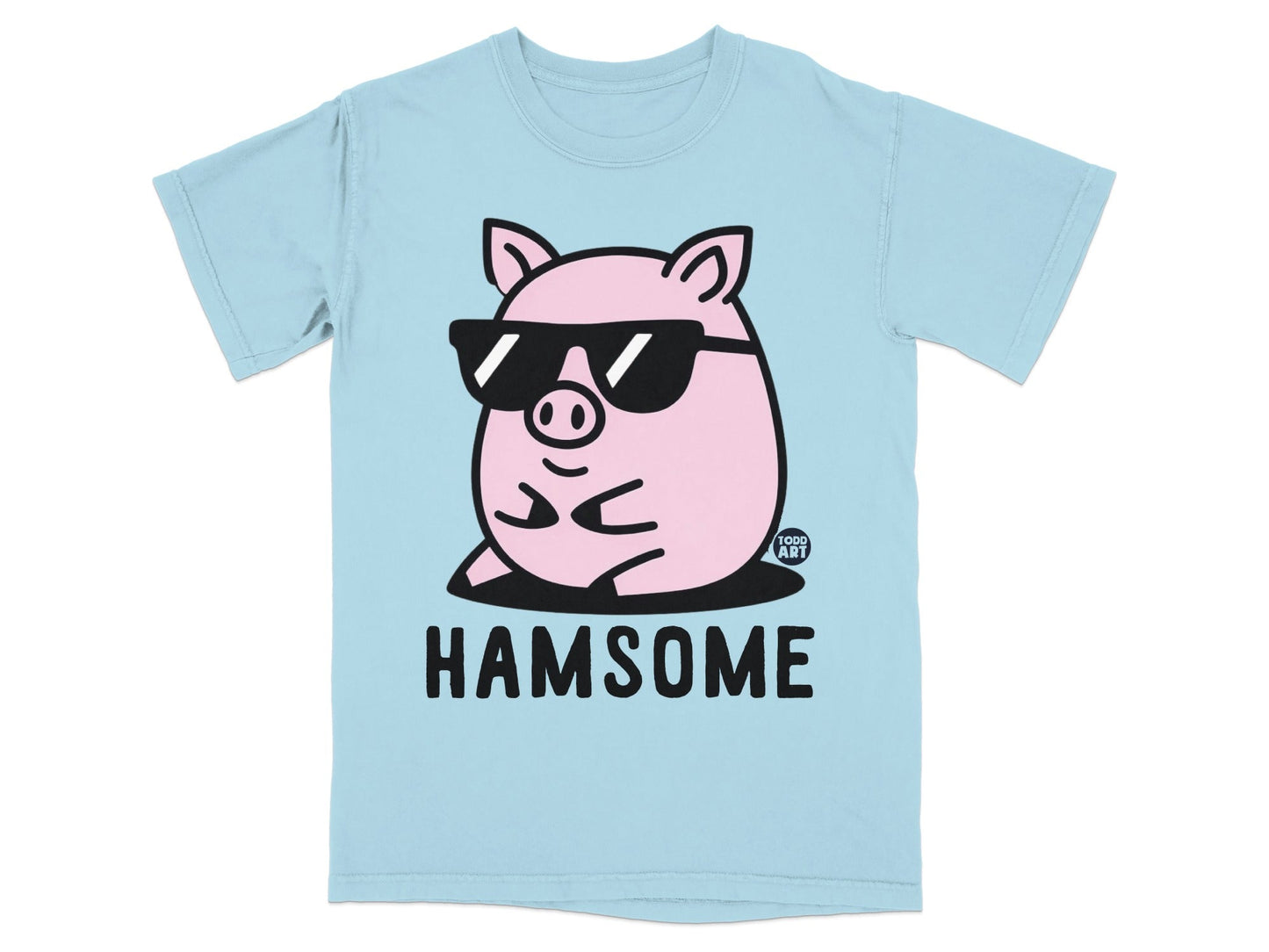 Light blue t-shirt with a cartoon pig wearing sunglasses and the text "HAMSOME".