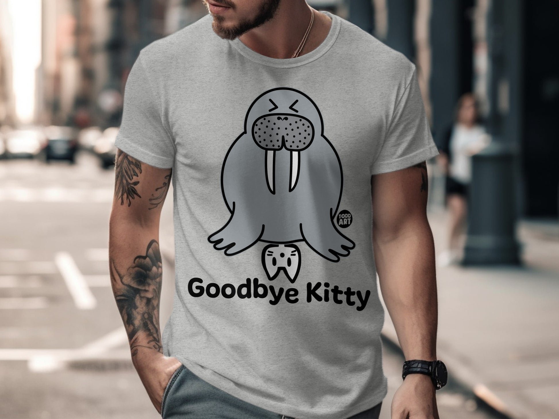 Goodbye Kitty Funny Walrus Printed T-Shirt