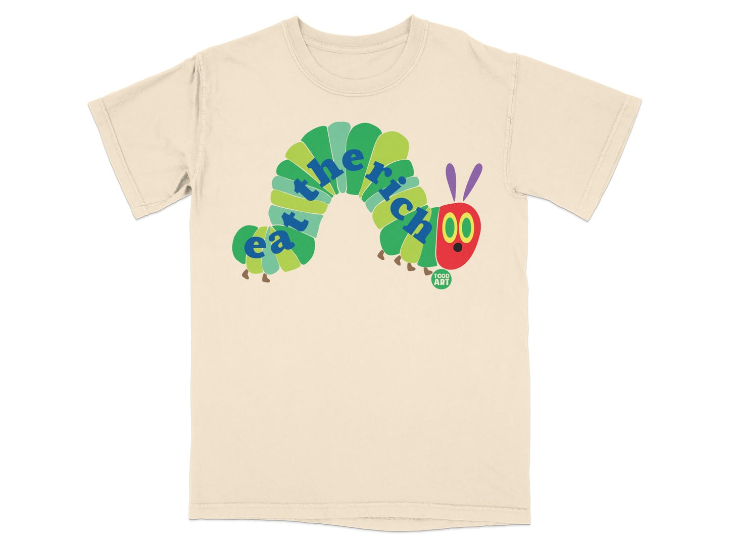The Very Hungry Caterpillar on a cream t-shirt.