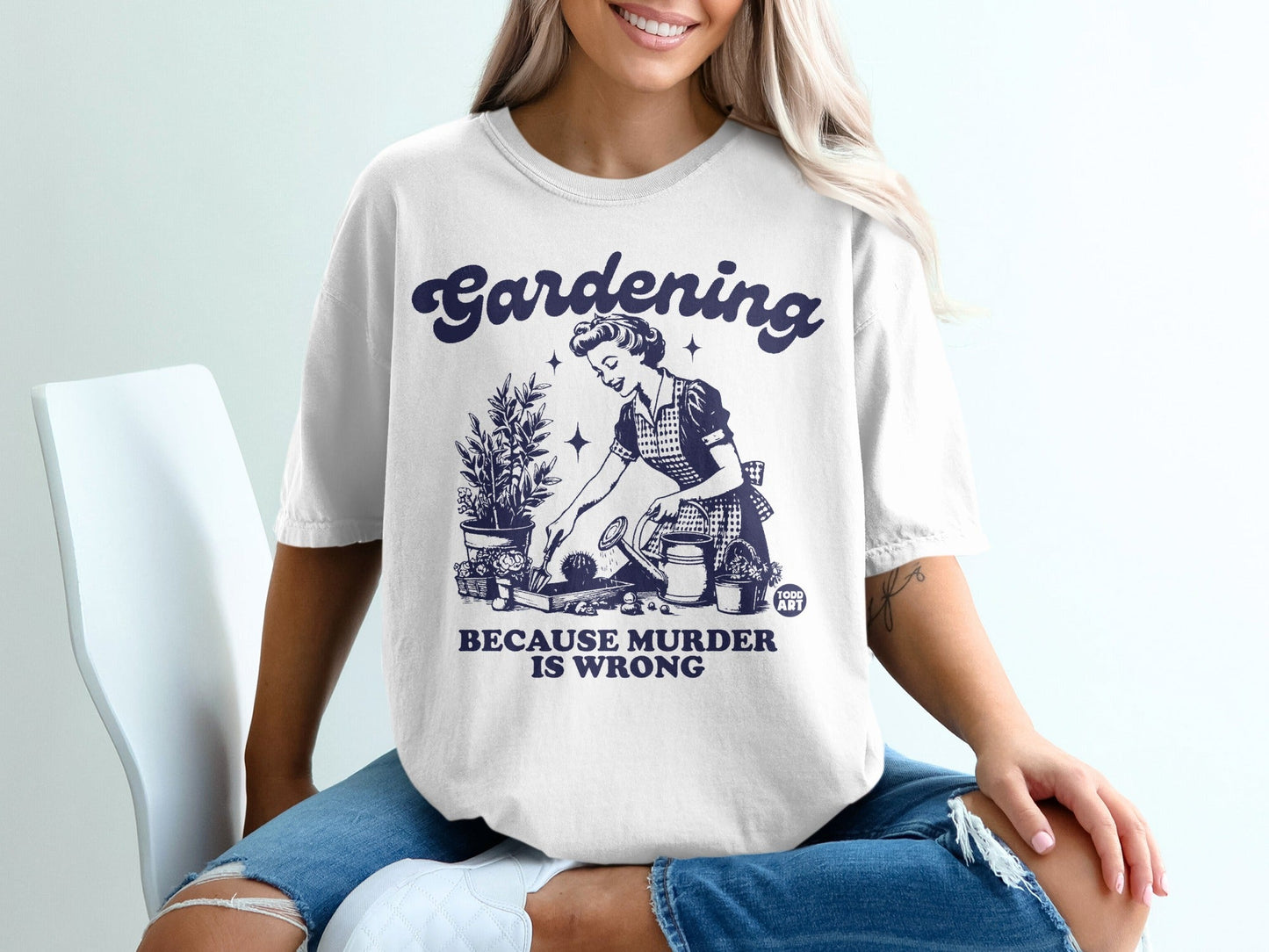 Gardening Because Murder Is Wrong graphic t-shirt with retro woman and plants.