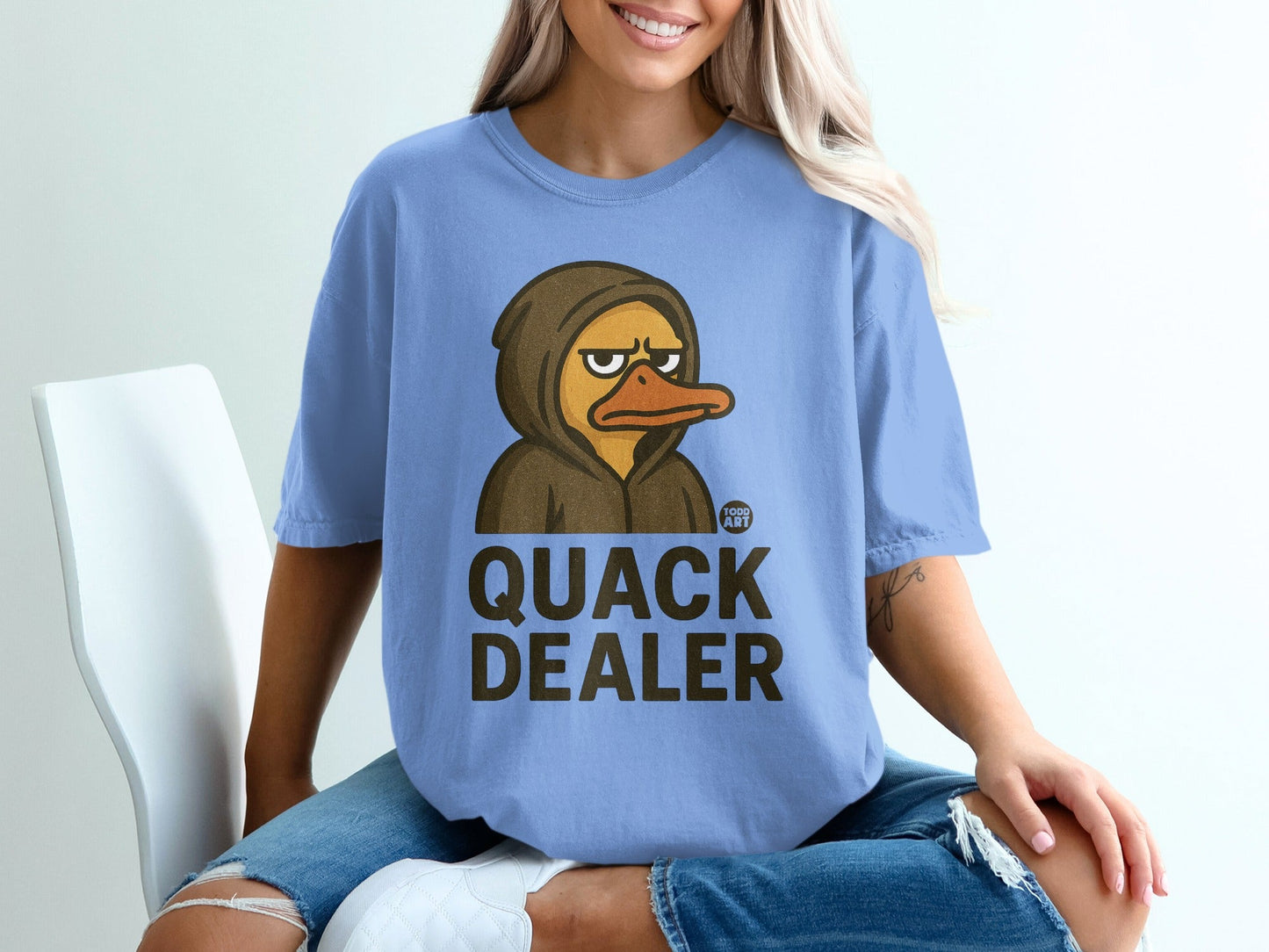 Quack Dealer Hoodie Duck Graphic on Blue T-Shirt