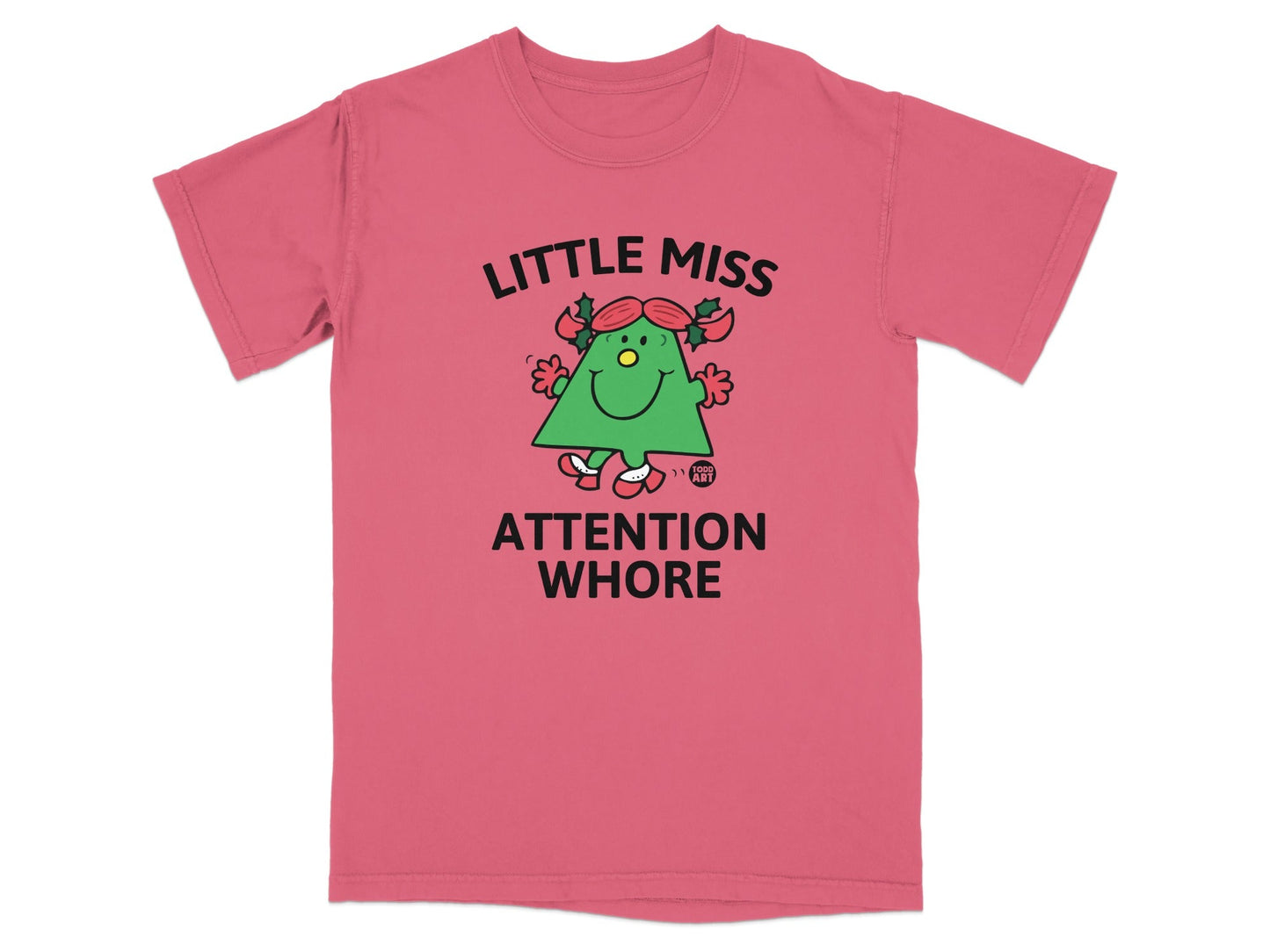 Little Miss Attention Whore graphic tee with cartoon character and text.