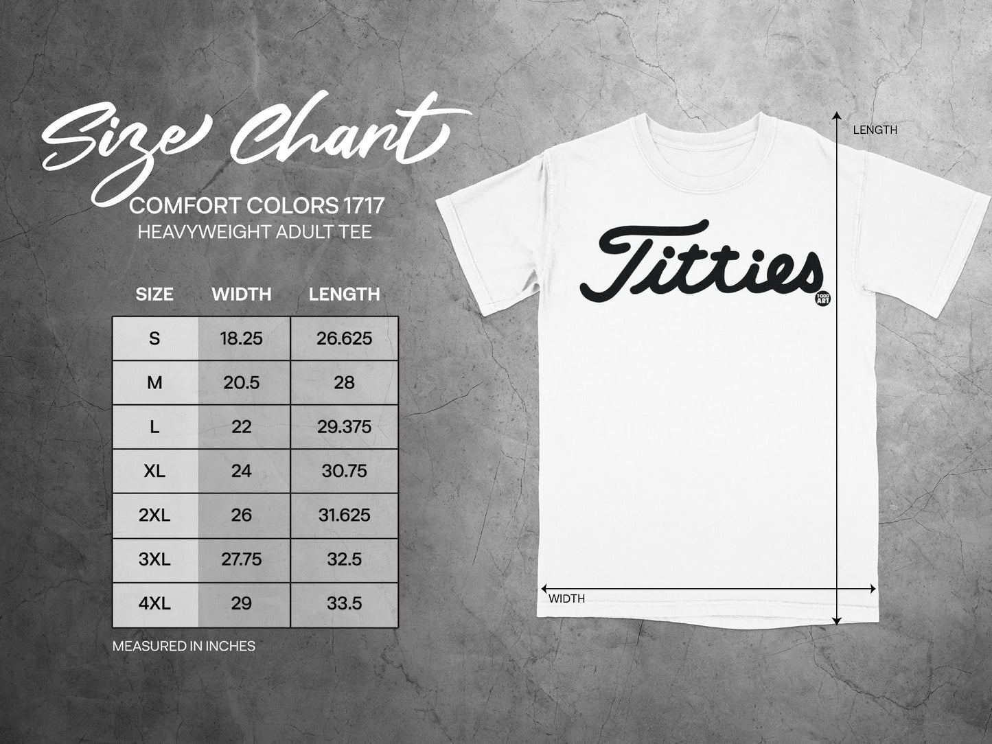Titties Graphic Heavyweight Adult Tee Detailed Size Chart
