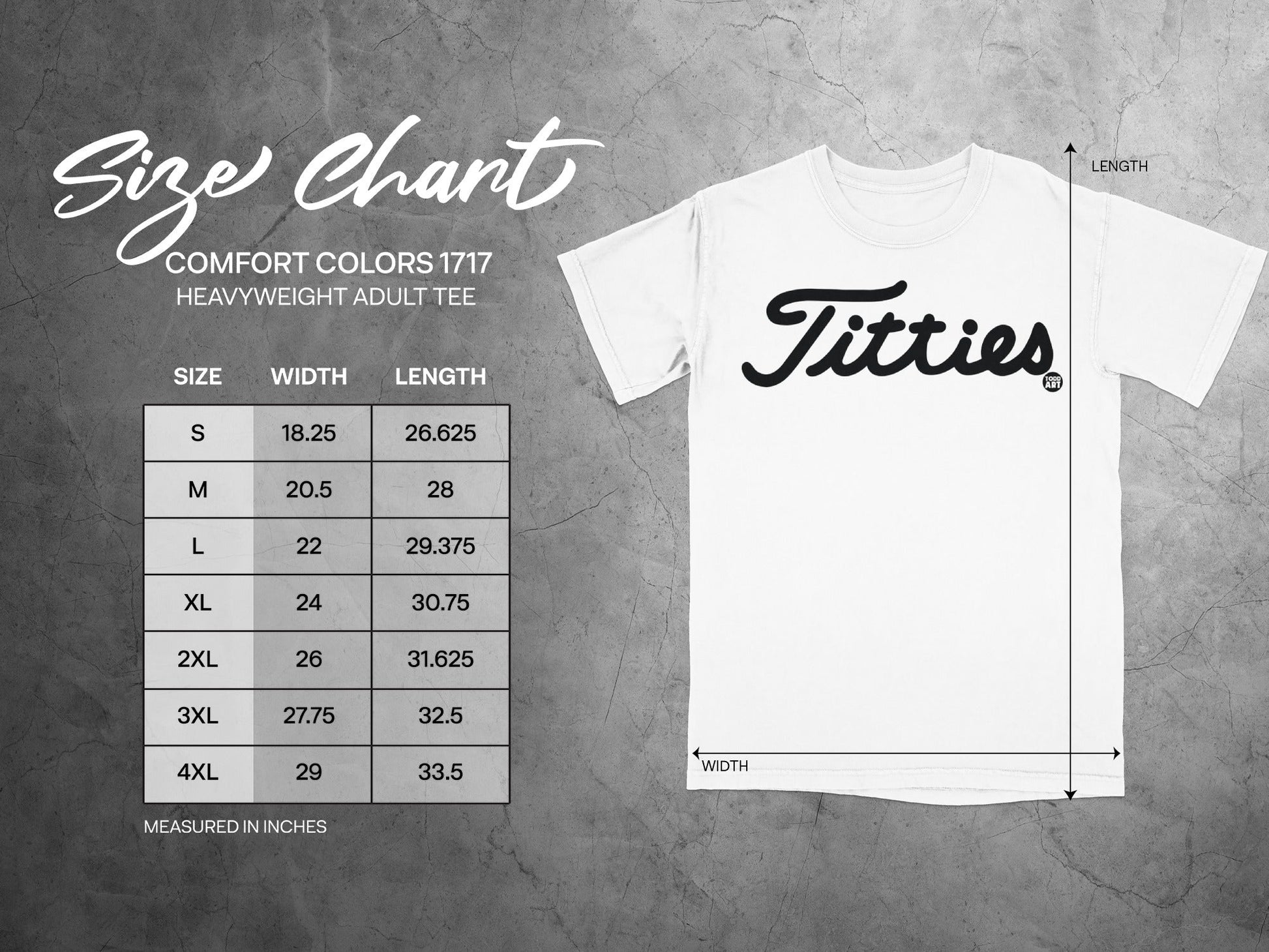Titties Graphic Heavyweight Adult Tee Detailed Size Chart