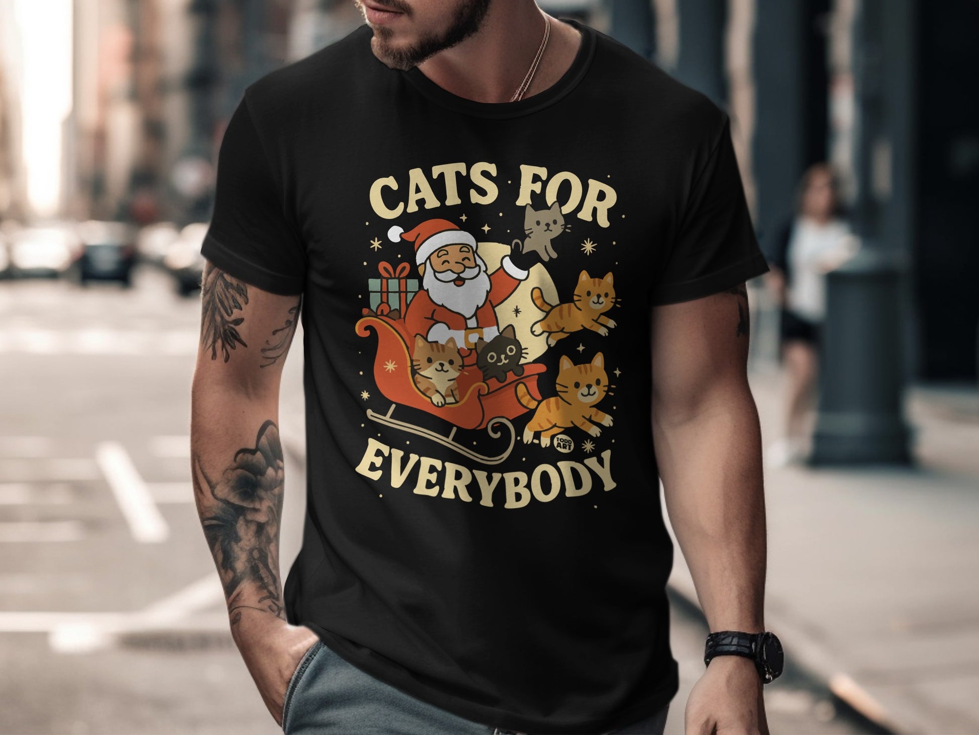 Cats For Everybody Santa Sleigh Fun Graphic Shirt