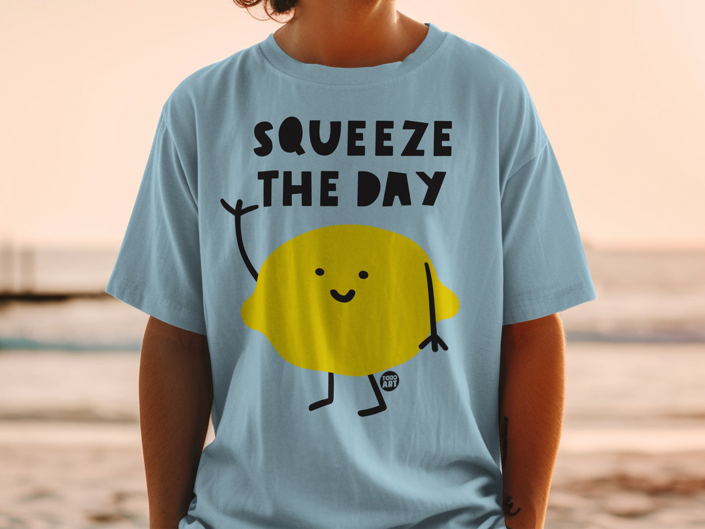 SQUEEZE THE DAY happy lemon character light blue t-shirt
