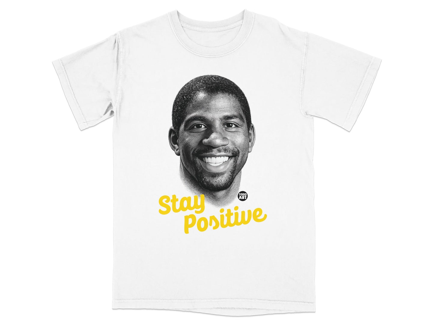 White t-shirt with Magic Johnson's portrait and "Stay Positive" text.