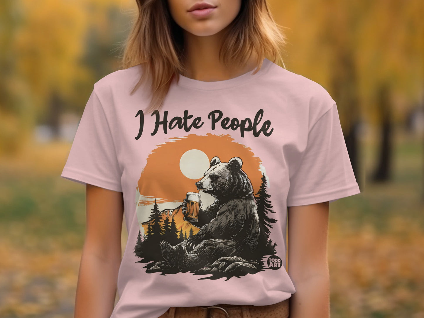 I Hate People Bear Drinking Beer Printed T Shirt