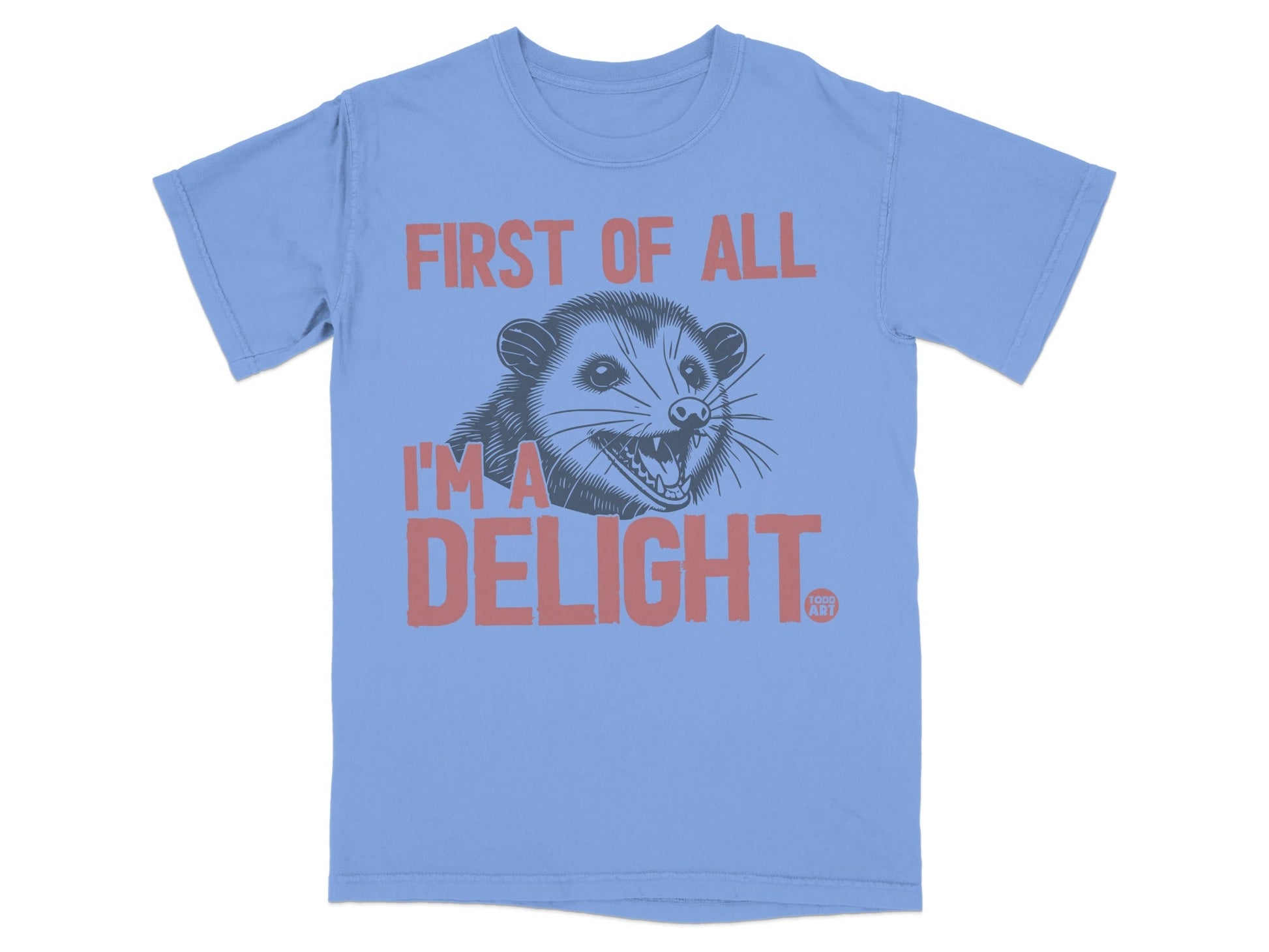 Blue t-shirt with opossum graphic and "FIRST OF ALL I'M A DELIGHT." text.