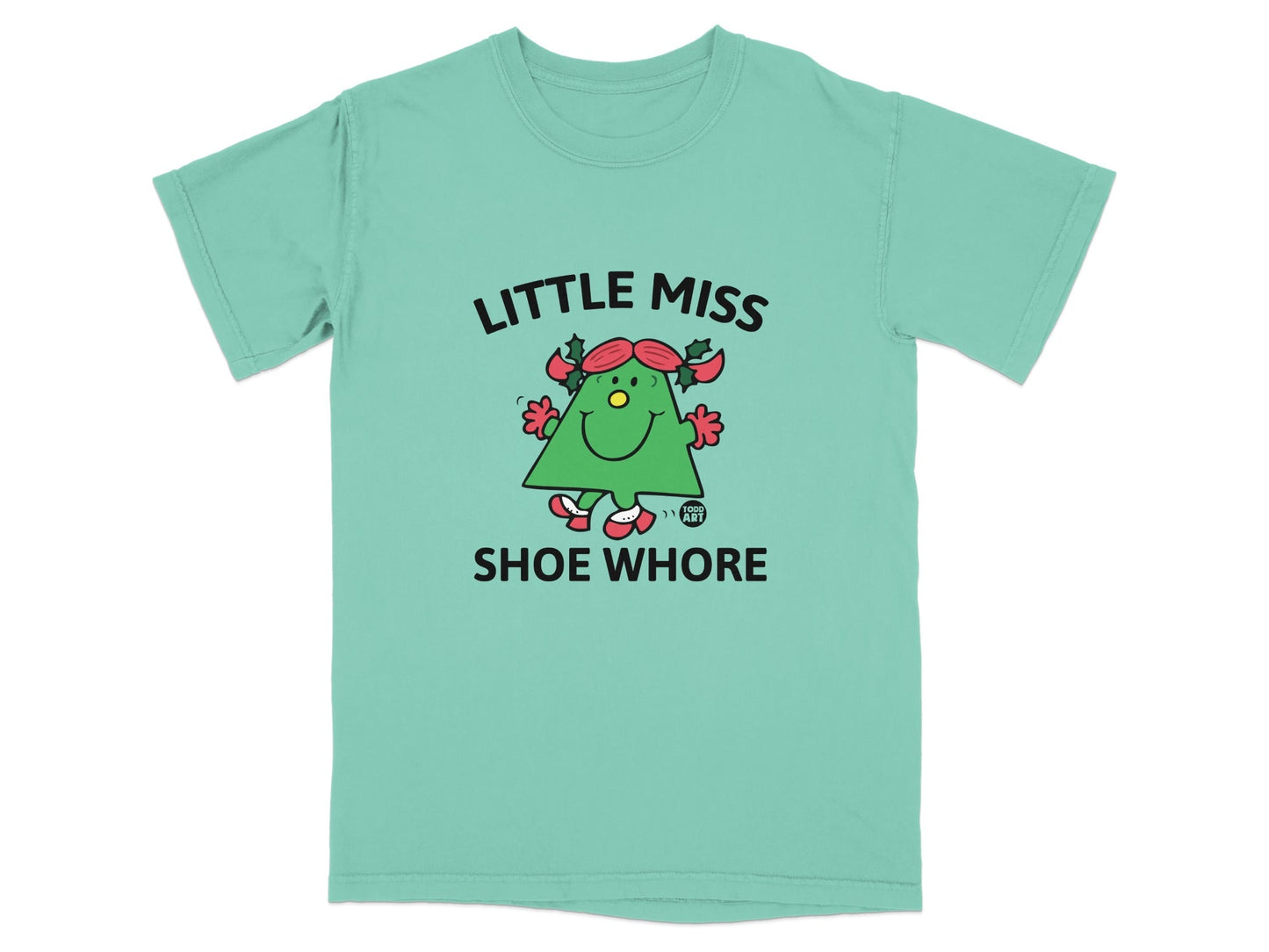 Little Miss Shoe Whore graphic tee with cartoon character.