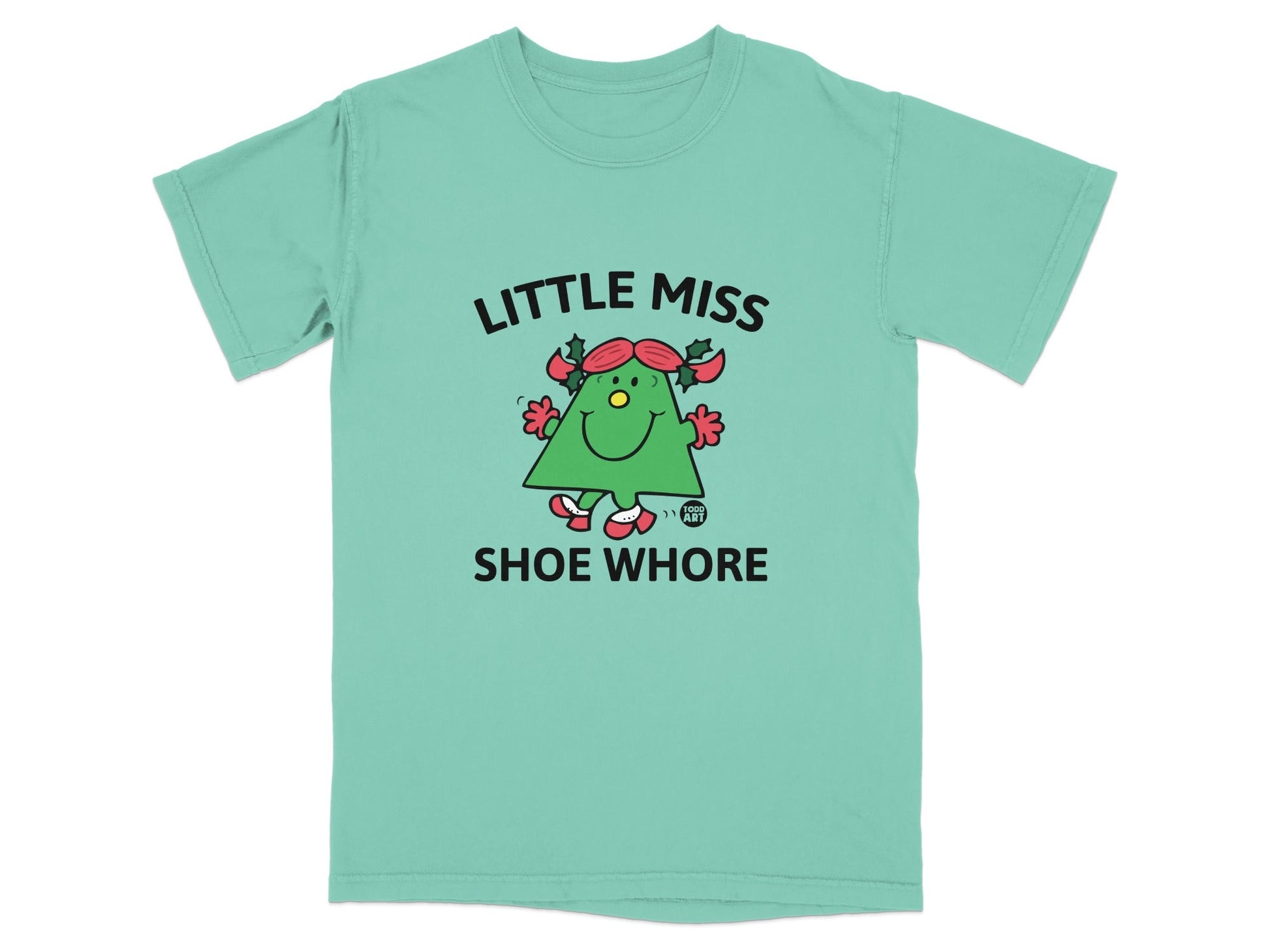 Little Miss Shoe Whore graphic tee with cartoon character.