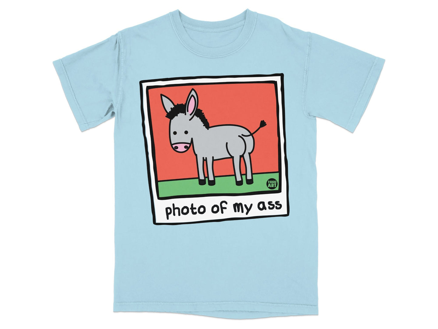 Light blue t-shirt with a cartoon donkey and "photo of my ass" text.