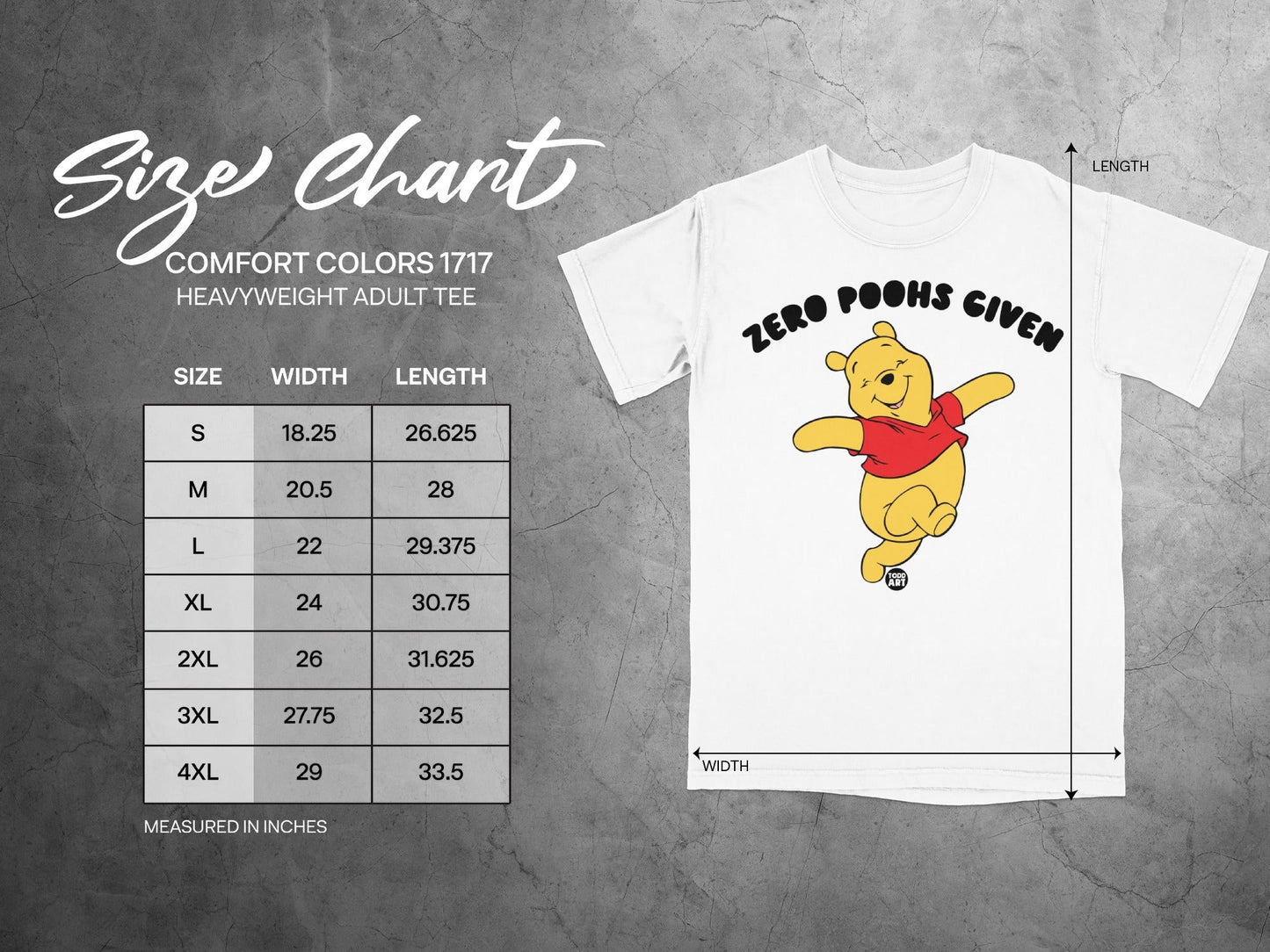 Comfort Colors 1717 size chart with Winnie the Pooh graphic.