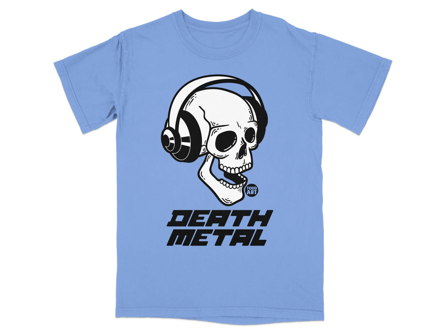 T-shirt with skull wearing headphones and "Death Metal" text.