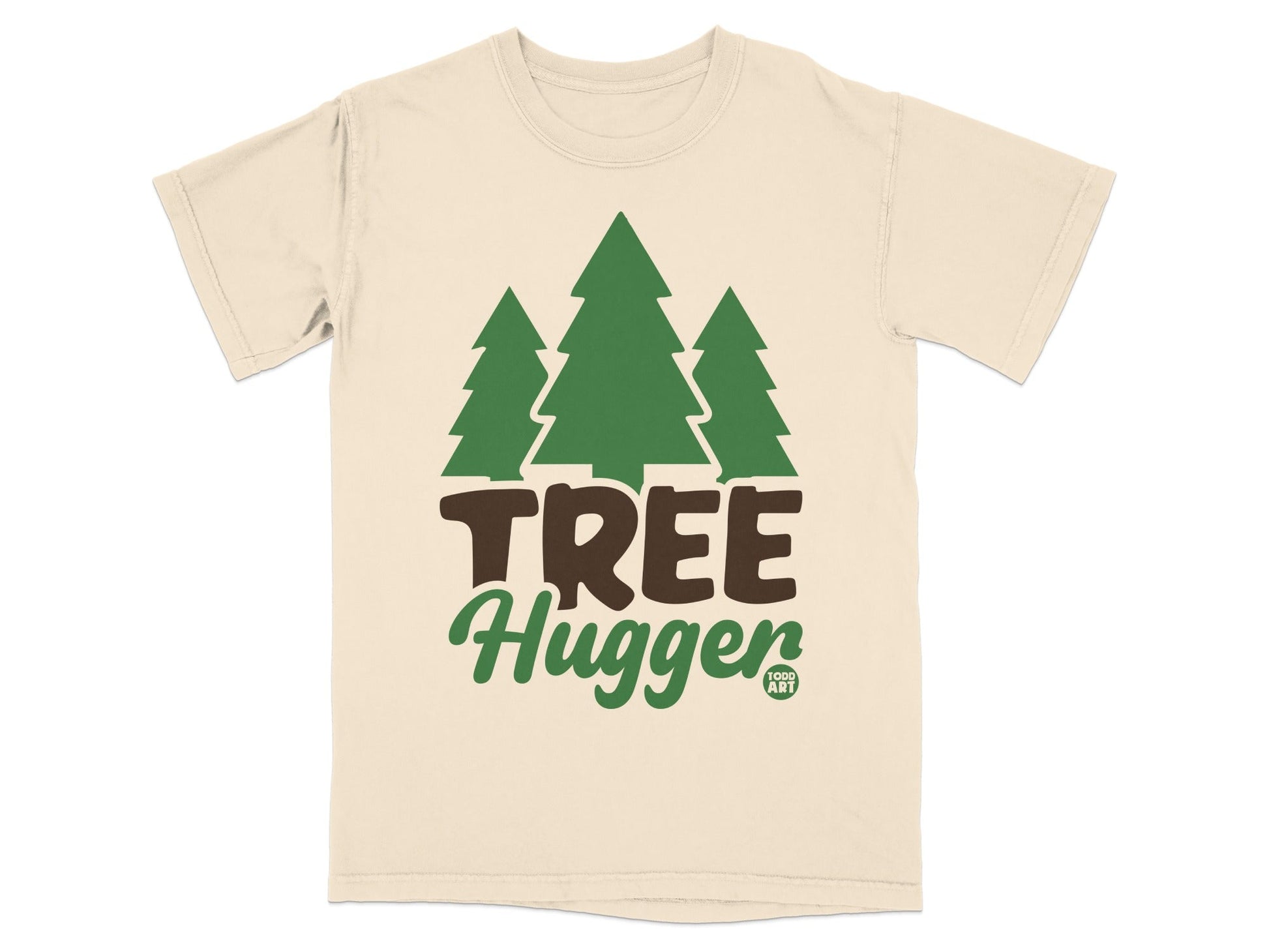 Cream t-shirt with green trees and "Tree Hugger" text.