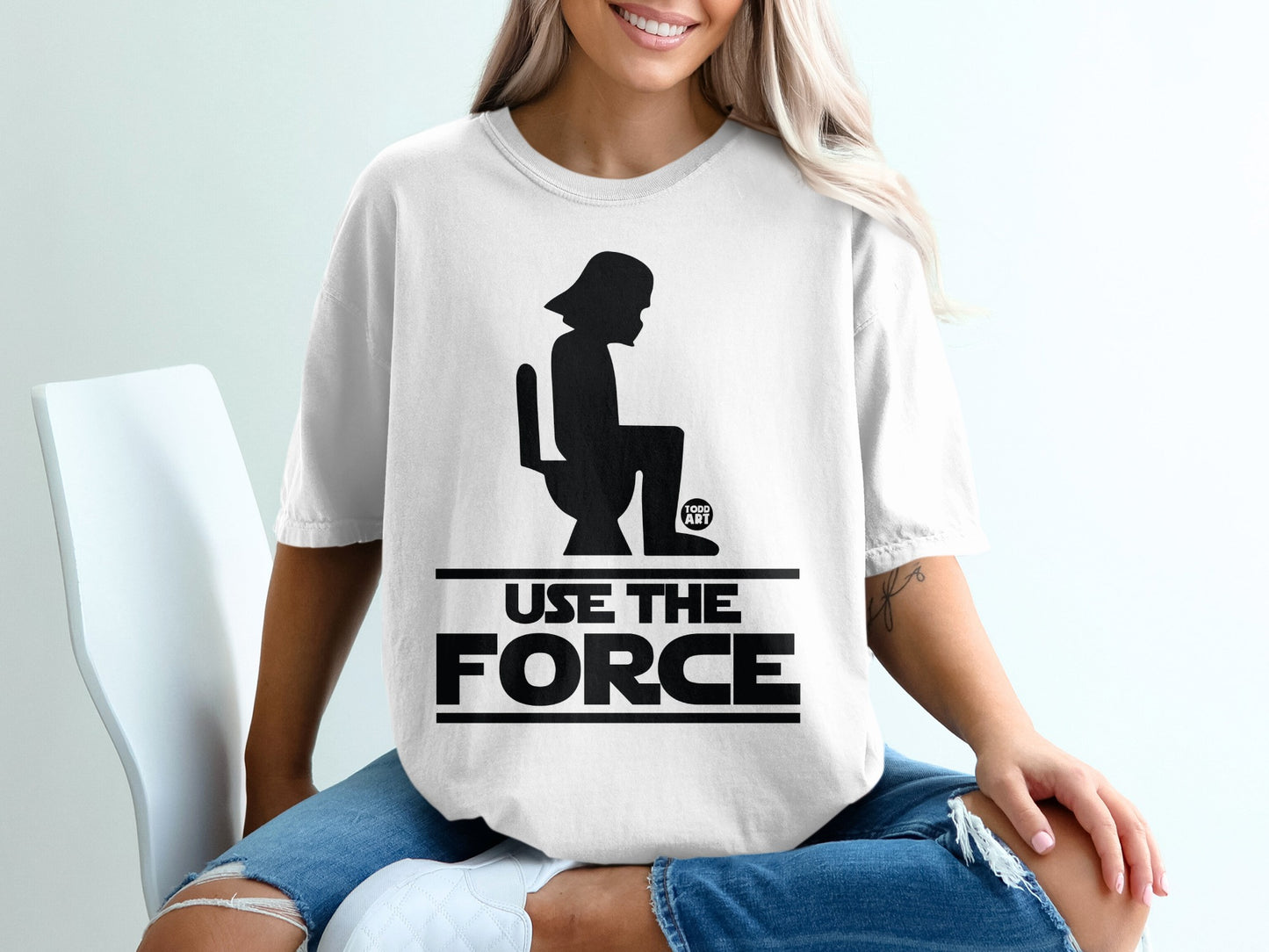 White t-shirt with Darth Vader silhouette on toilet, text "USE THE FORCE".
