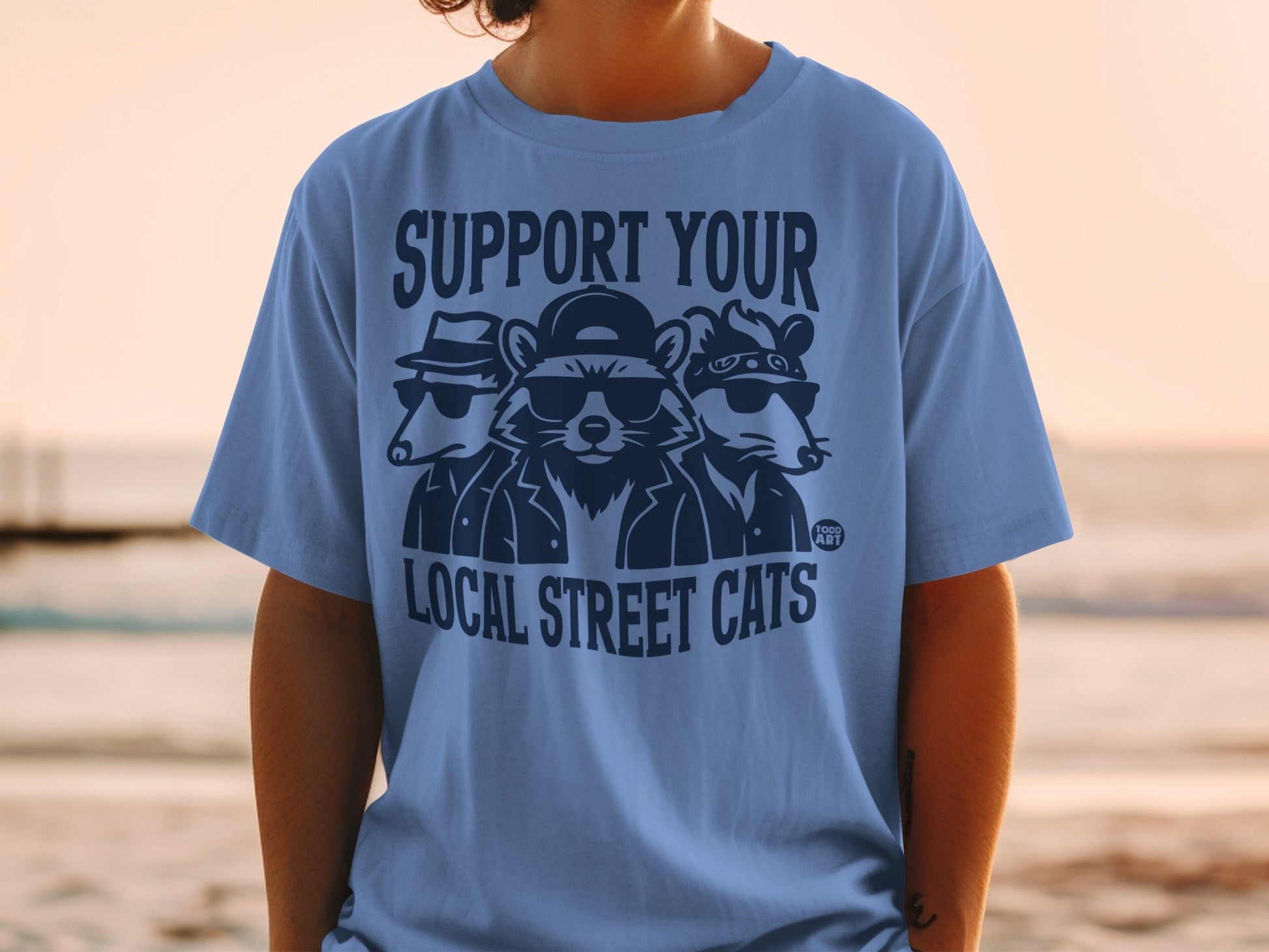 T-shirt graphic of three cartoon raccoons wearing sunglasses and hats.