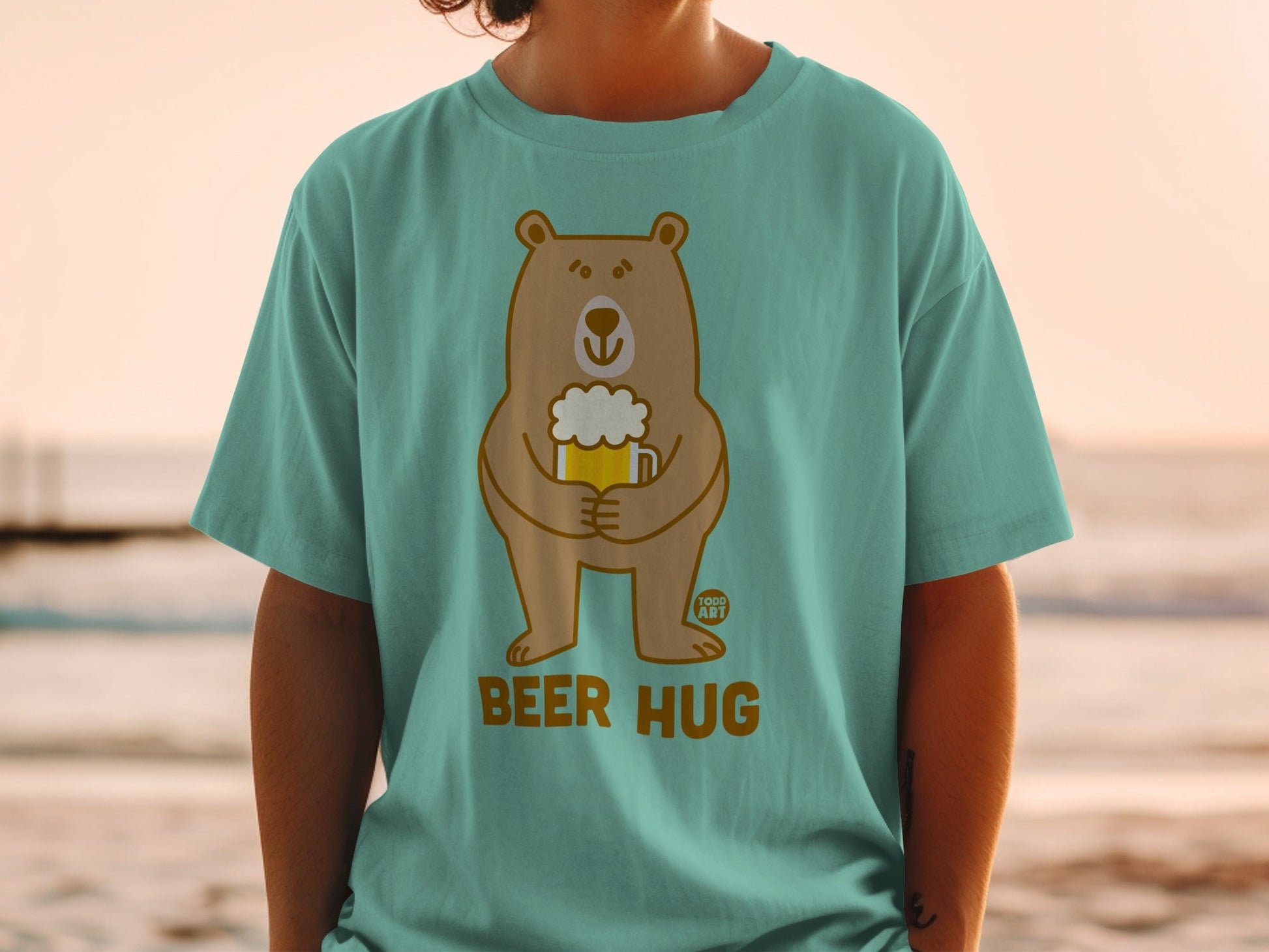 Cute Bear Hug T-Shirt with Beer Graphic Apparel