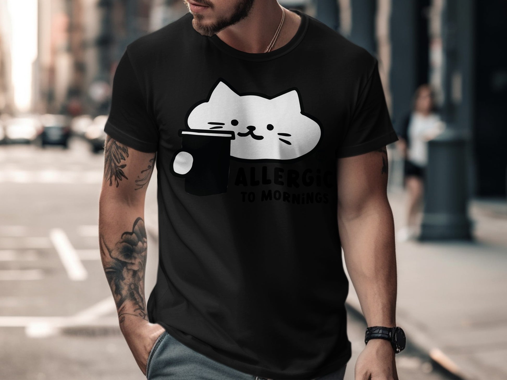 Allergic To Mornings Cat Graphic T-Shirt