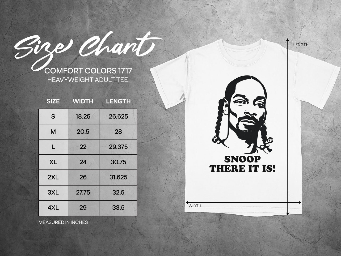 Size chart with Snoop Dogg graphic and garment measurements.