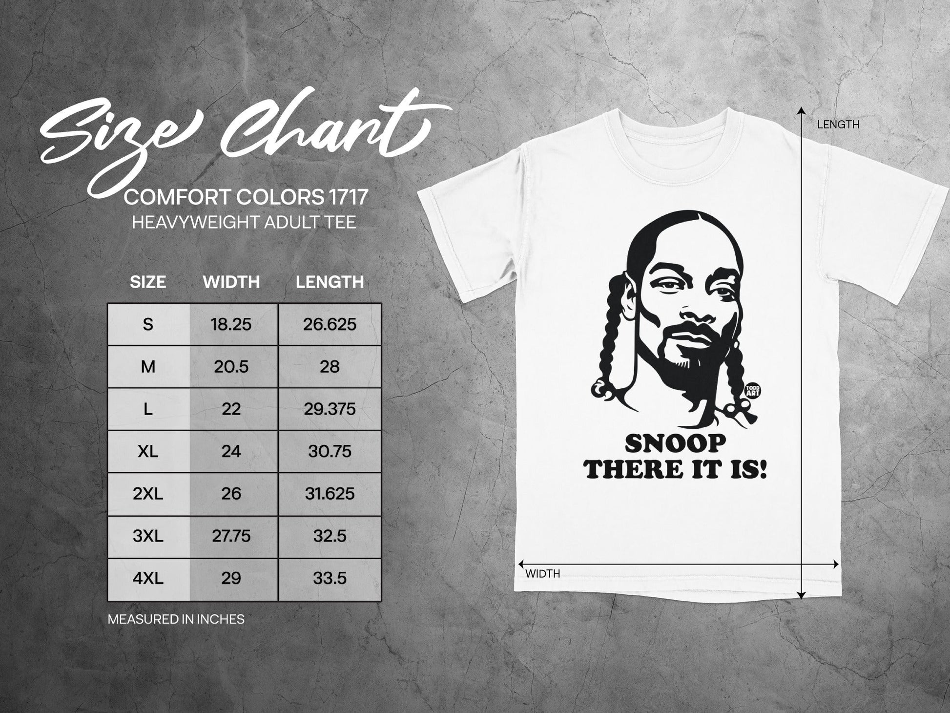 Size chart with Snoop Dogg graphic and garment measurements.