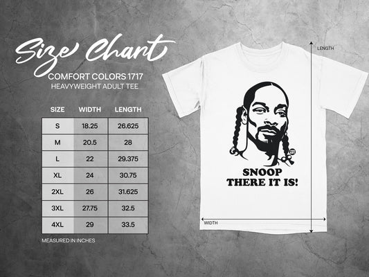 Size chart with Snoop Dogg graphic and garment measurements.