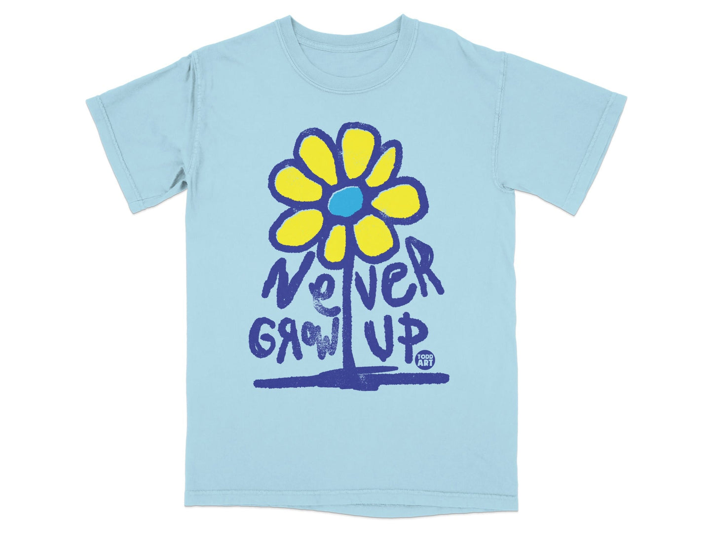 Light blue t-shirt with a yellow and blue flower and "Never Grow Up" text.