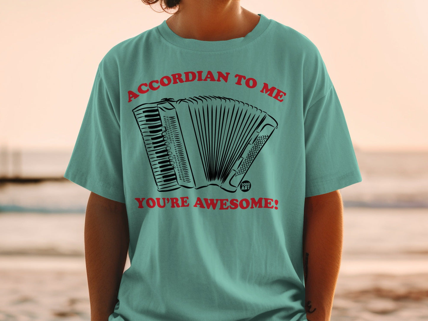 Teal t-shirt with accordion graphic and text "ACCORDIAN TO ME YOU'RE AWESOME!".
