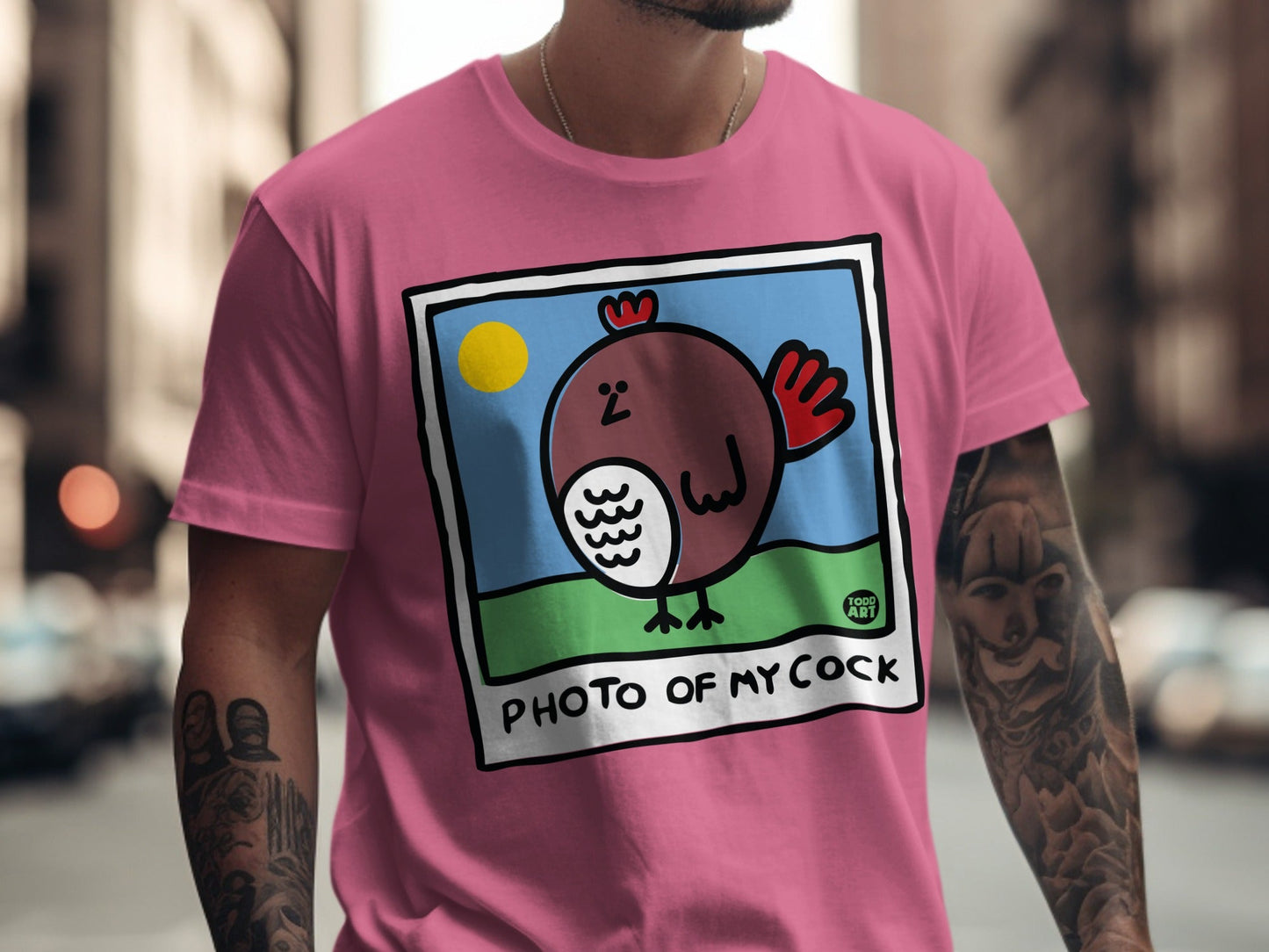 Pink t-shirt with "PHOTO OF MY COCK" graphic featuring a cartoon chicken.
