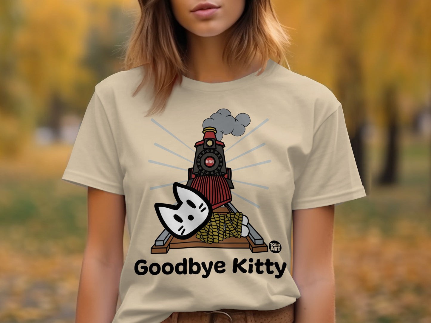 Funny Goodbye Kitty Train Graphic T-Shirt