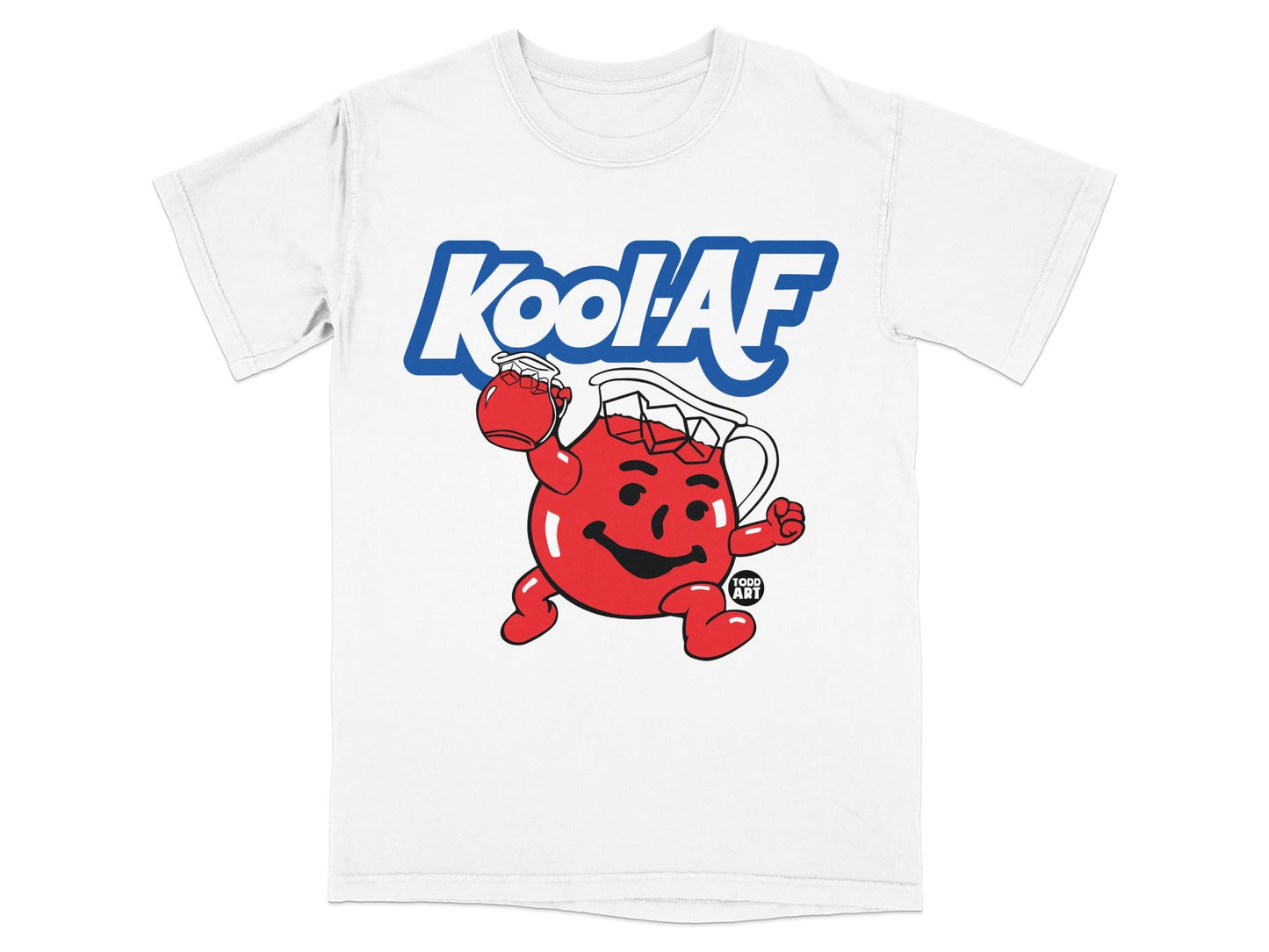 Kool-Aid Man character holding a pitcher of Kool-Aid on a white t-shirt.