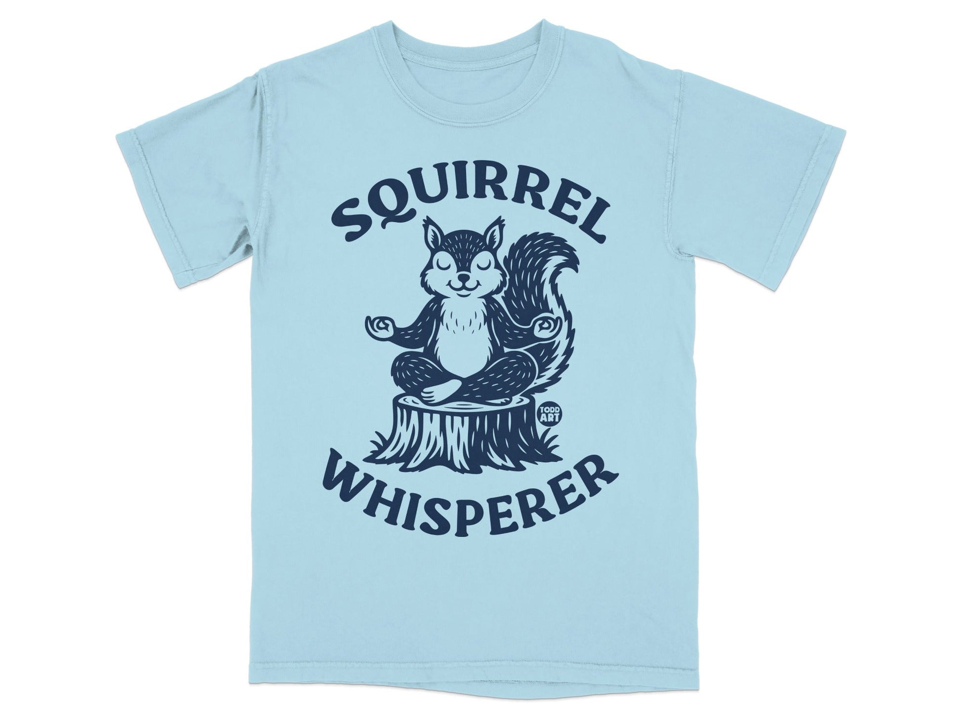 Light blue t-shirt with a meditating squirrel and "Squirrel Whisperer" text.