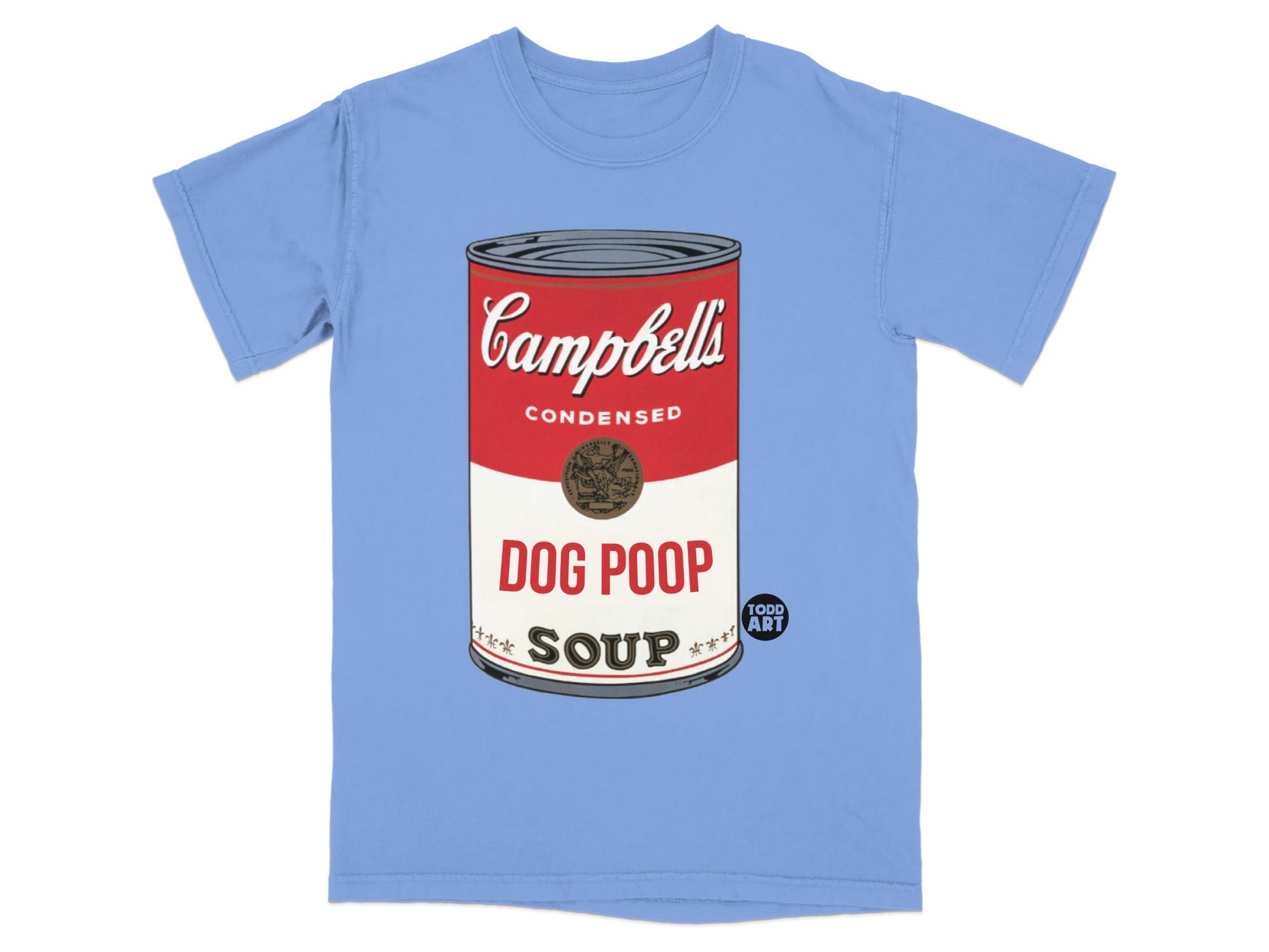 Light blue t-shirt with a Campbell's "Dog Poop Soup" can design.