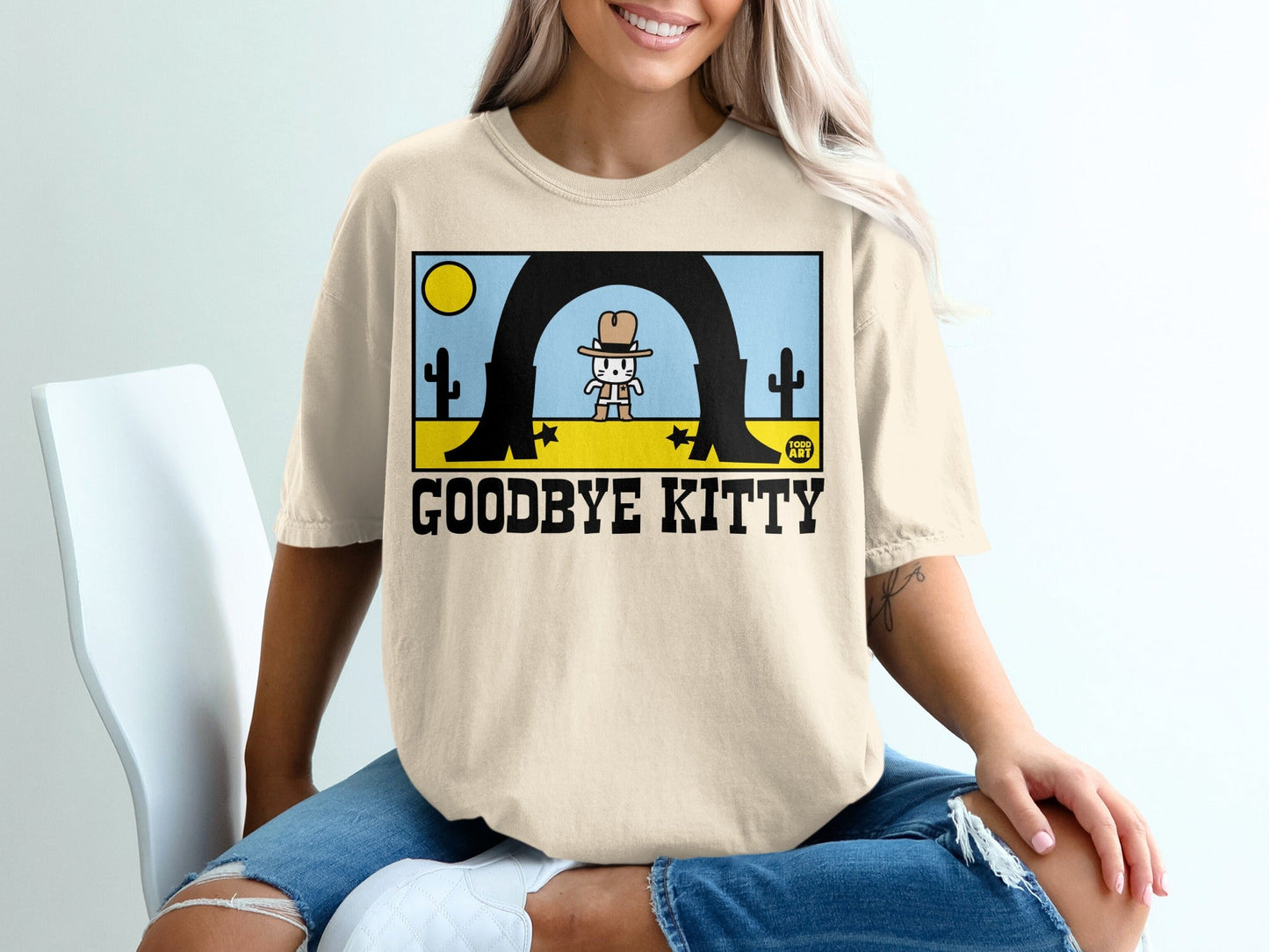 Goodbye Kitty Graphic Tee Cowboy Cat Design Shirt