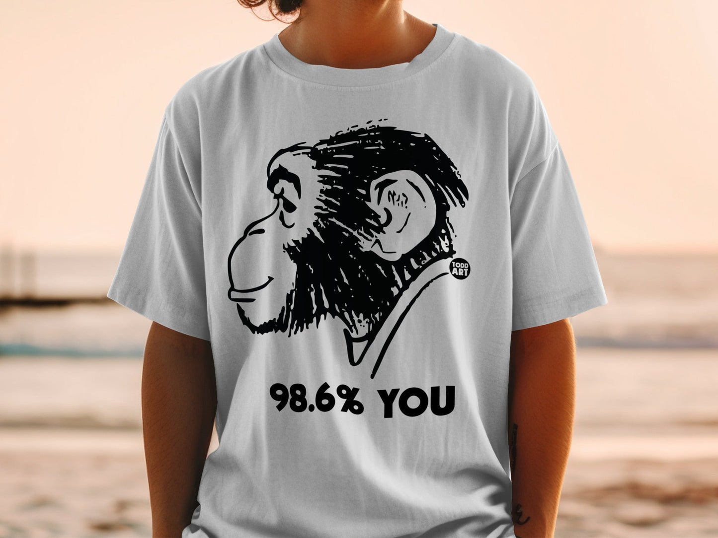 T-shirt with ape illustration and "98.6% YOU" text.