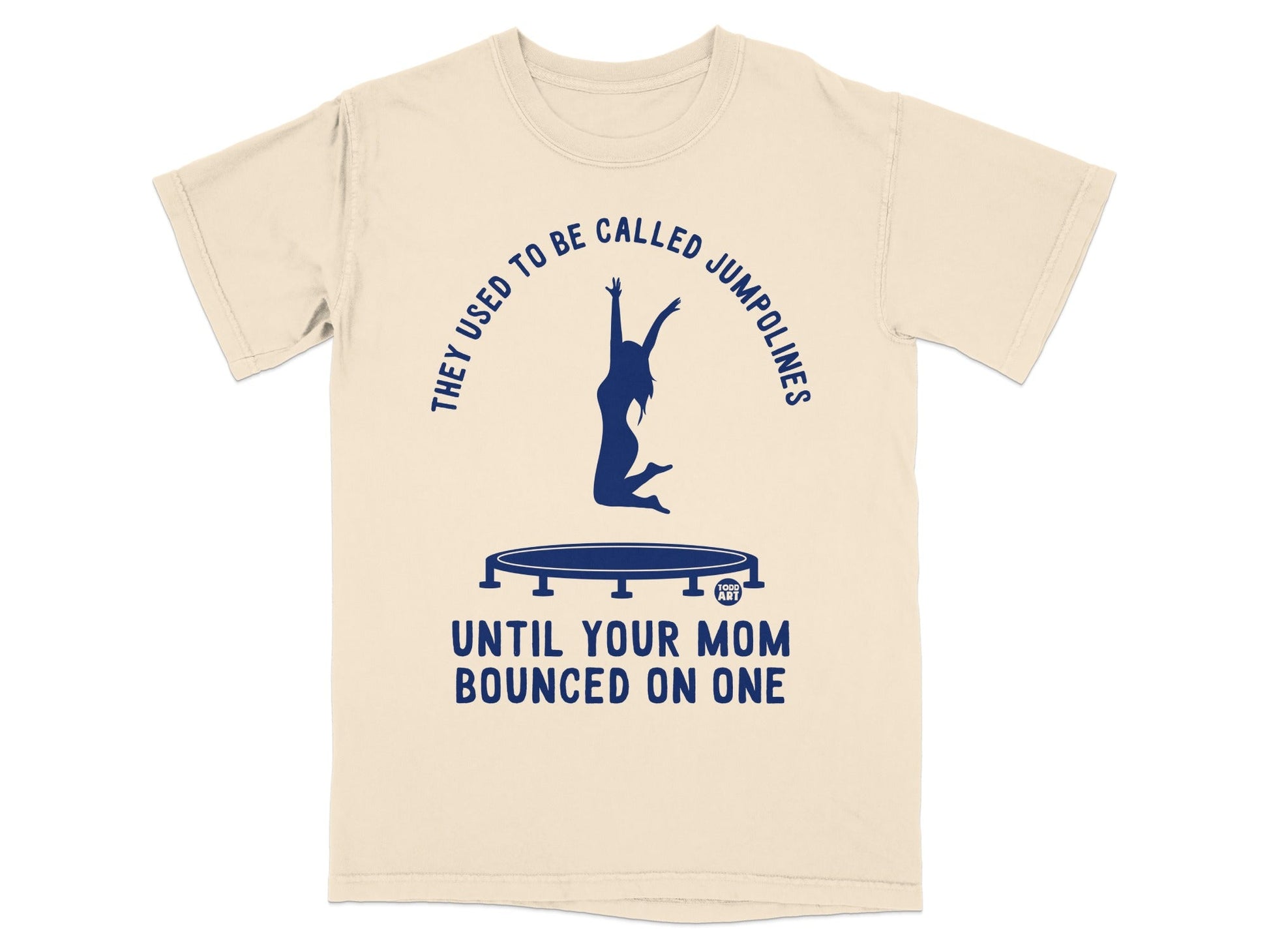 T-shirt with trampoline graphic and text about mom bouncing.