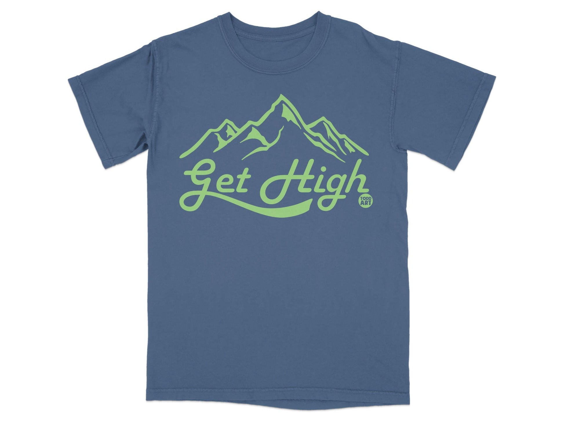 Blue t-shirt with a lime green "Get High" mountain graphic.