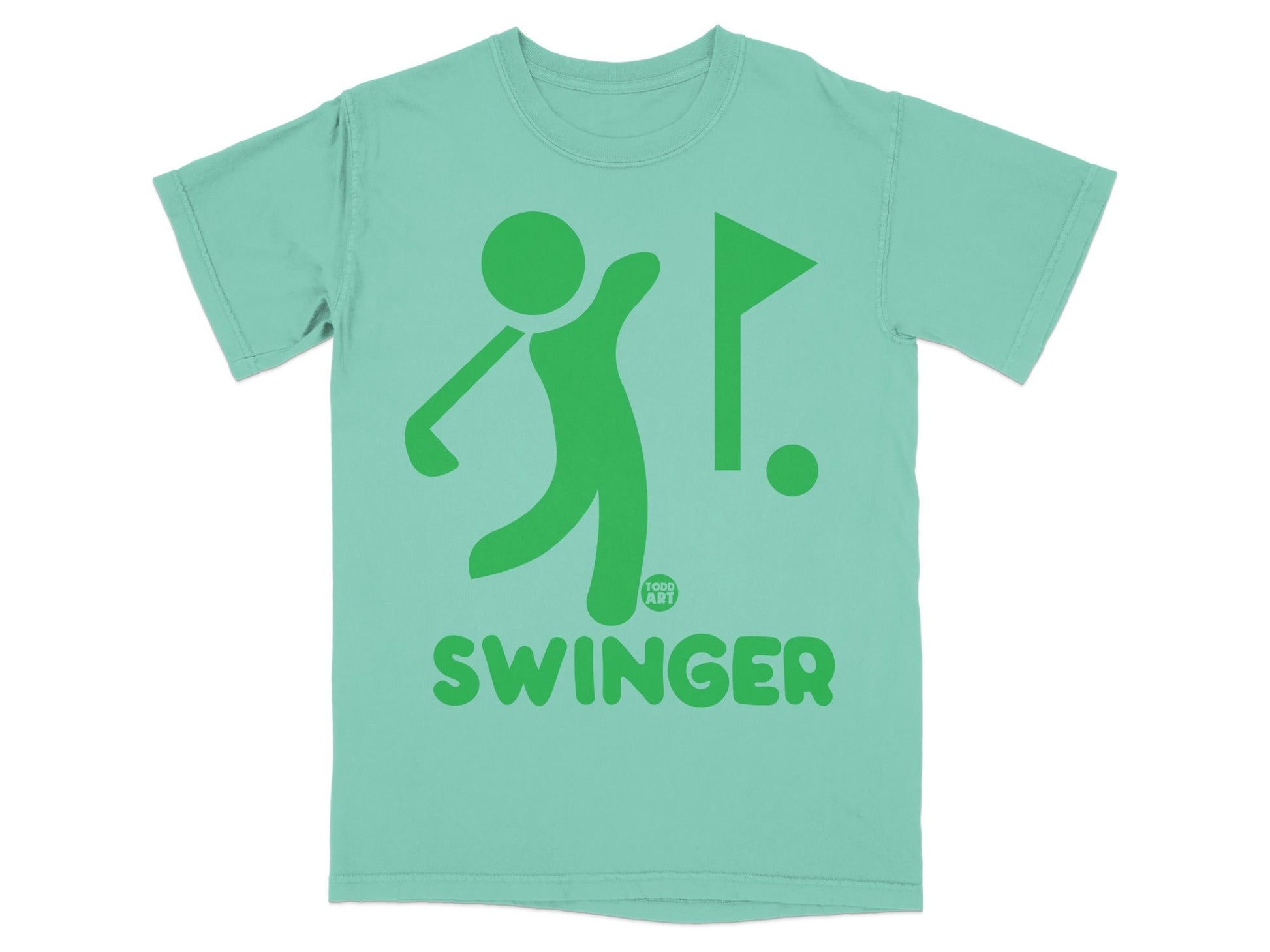 Green golfer icon and "SWINGER" text on a mint green t-shirt.