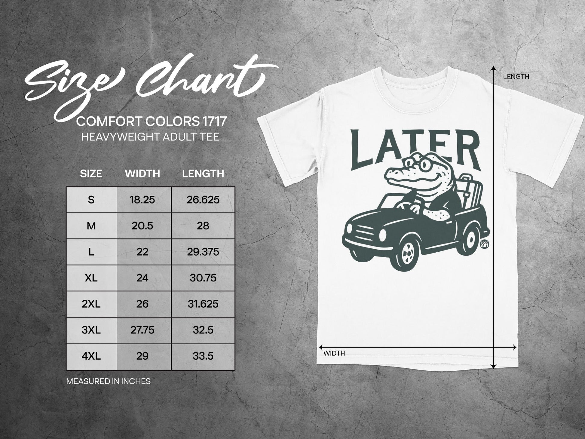 Comfort Colors 1717 heavyweight adult tee size chart with cartoon alligator.