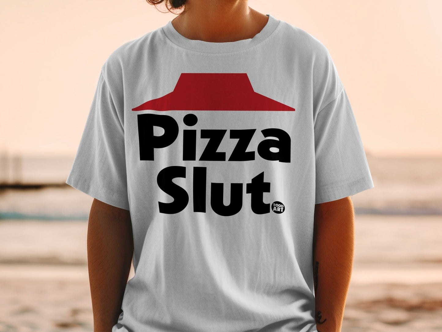 White t-shirt with "Pizza Slut" logo and red Pizza Hut-style hat.