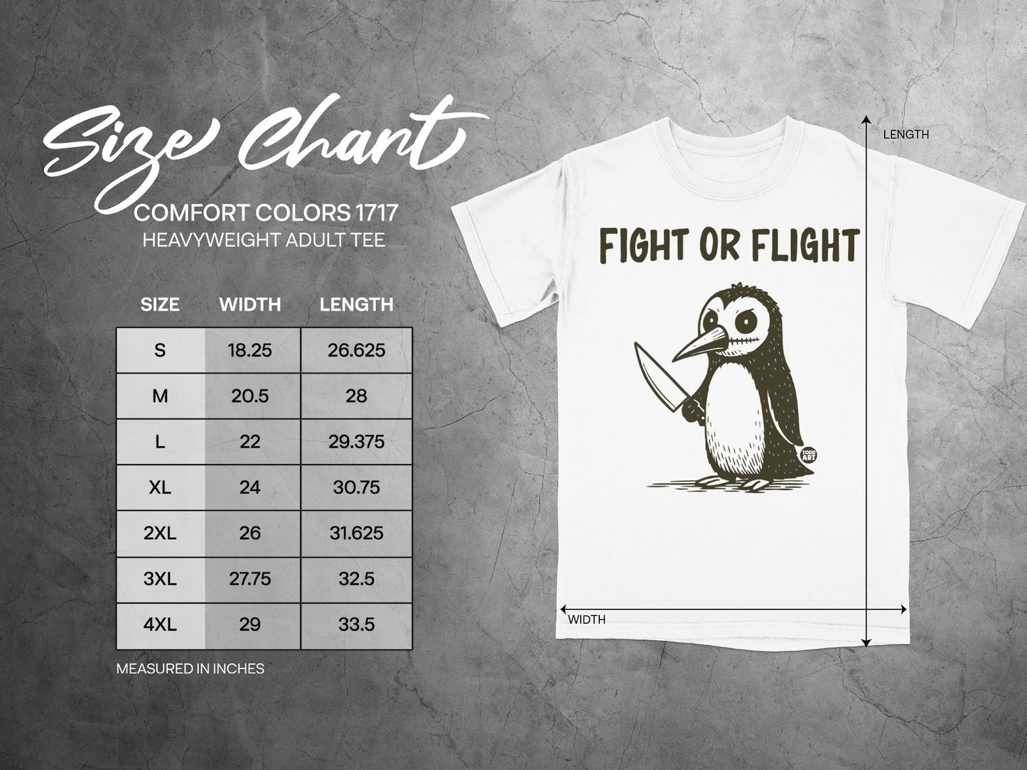 Size chart for Comfort Colors 1717 heavyweight adult tee with "Fight or Flight" penguin graphic.
