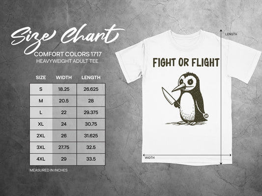 Size chart for Comfort Colors 1717 heavyweight adult tee with "Fight or Flight" penguin graphic.