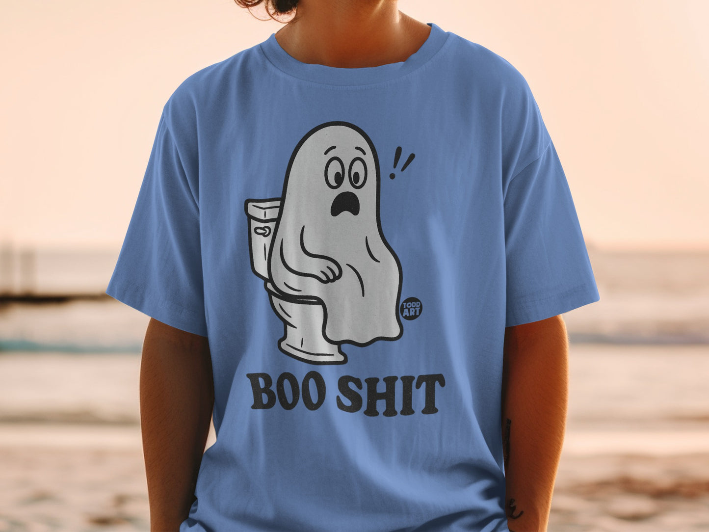 Ghost sitting on a toilet with "BOO SHIT" text.