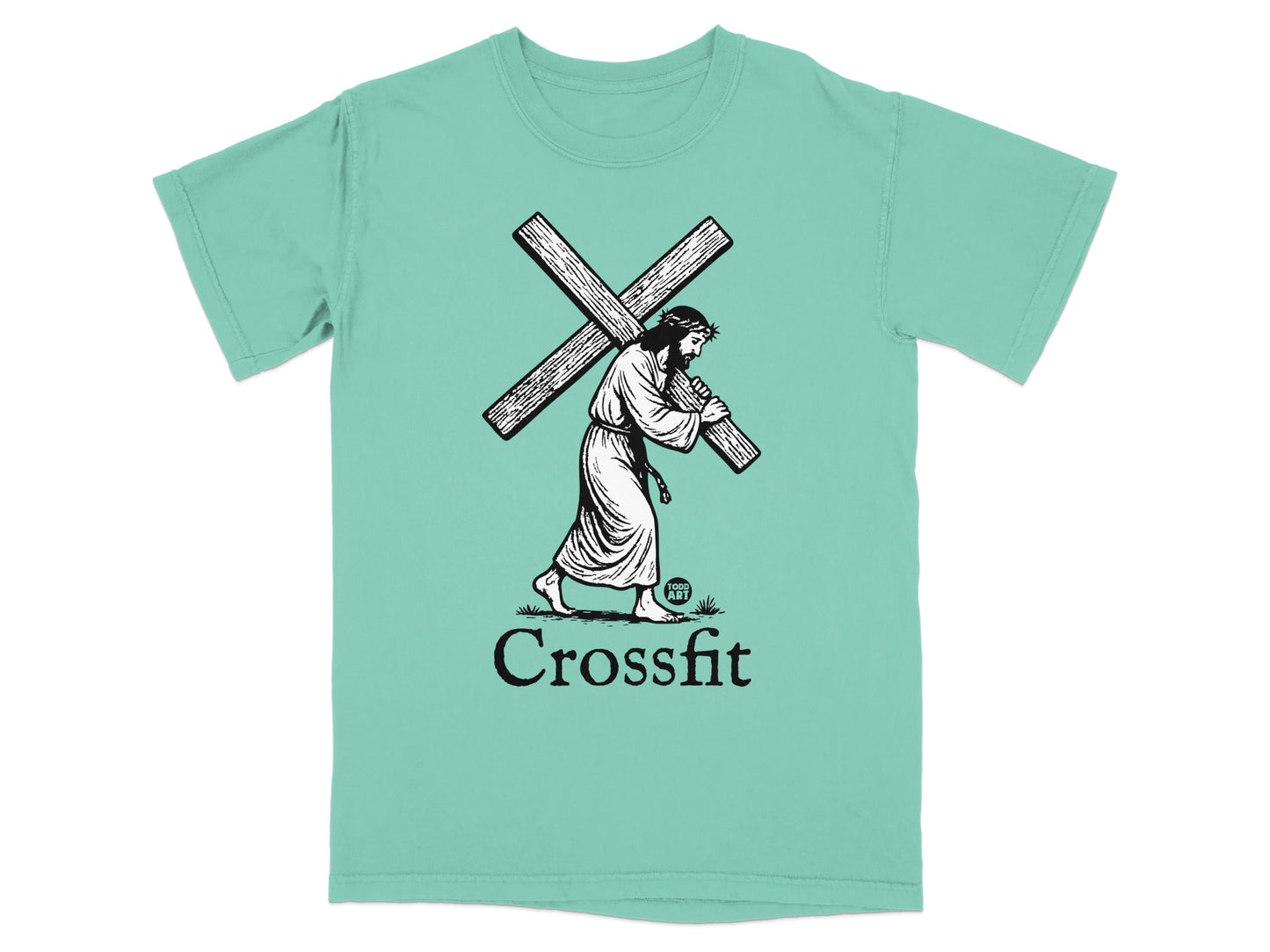 Jesus carrying the cross with "Crossfit" and "Forged Art" logos.